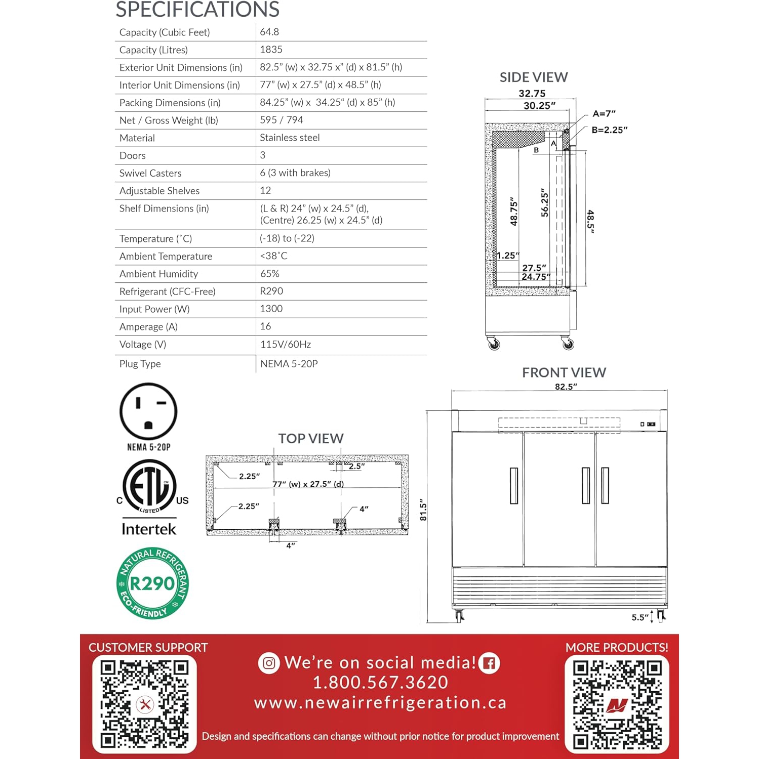 New Air Commercial 82″ 64.8 Cu. Ft. Triple Door FREEZER - Stainless Steel