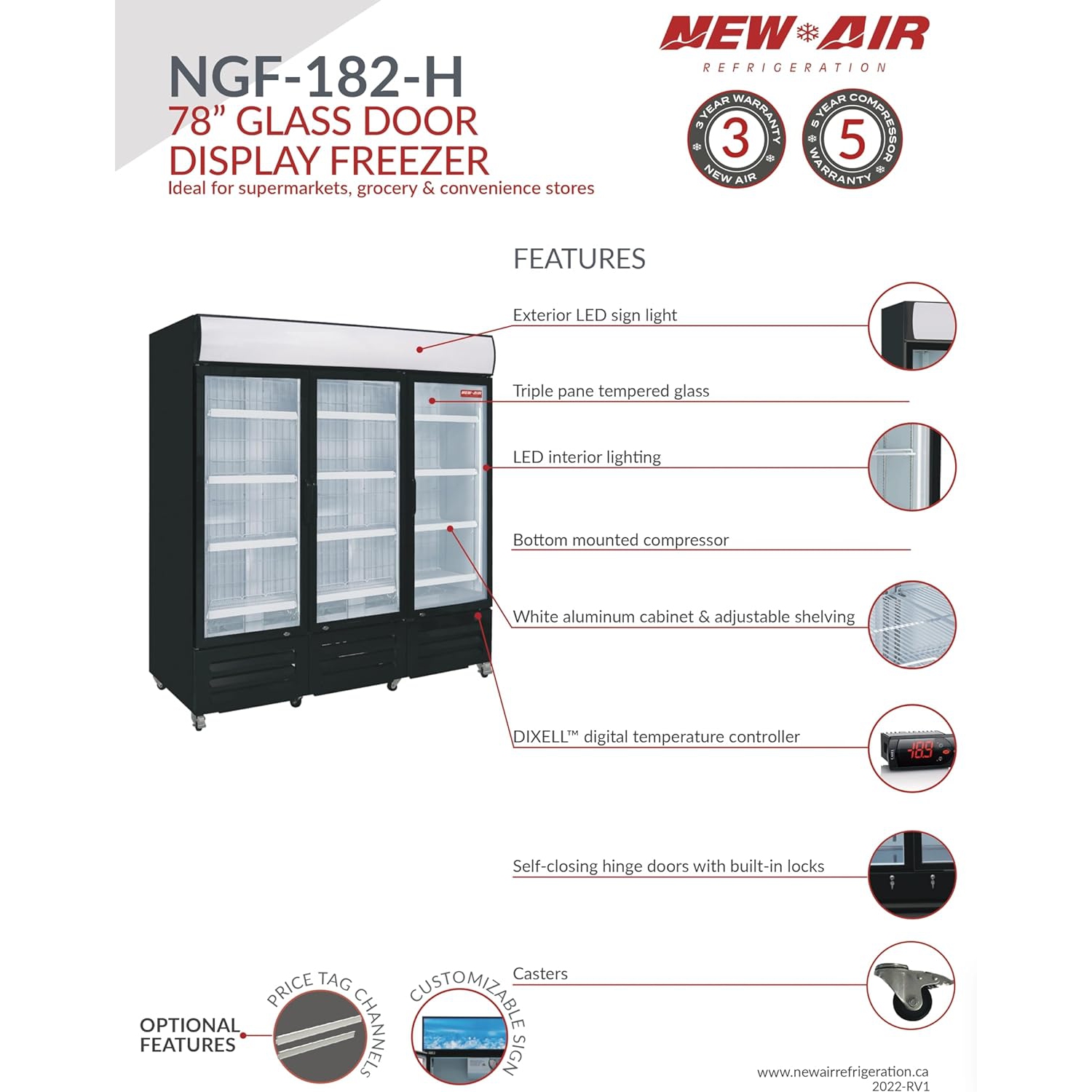 NEW AIR NGF-182-H Commercial 78" Triple Glass Door Freezer Merchandiser - Ideal for Convenience Stores, Front of House, Grocery Stores, Restaurants &