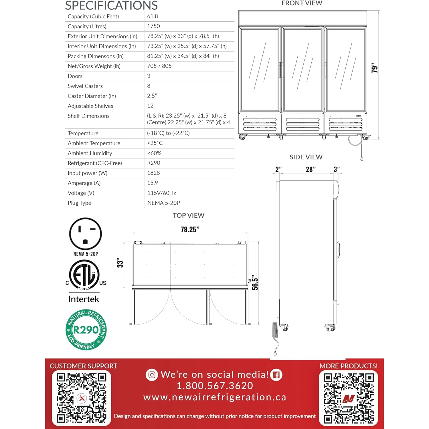 NEW AIR NGF-182-H Commercial 78" Triple Glass Door Freezer Merchandiser - Ideal for Convenience Stores, Front of House, Grocery Stores, Restaurants &