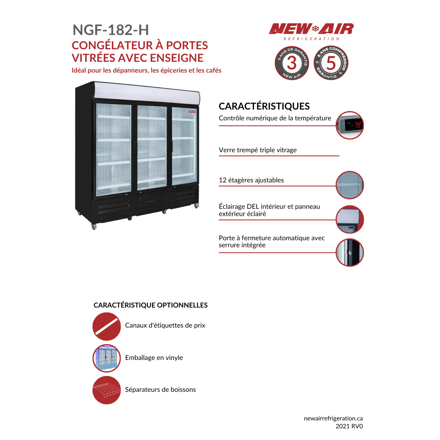 NEW AIR NGF-182-H Commercial 78" Triple Glass Door Freezer Merchandiser - Ideal for Convenience Stores, Front of House, Grocery Stores, Restaurants &