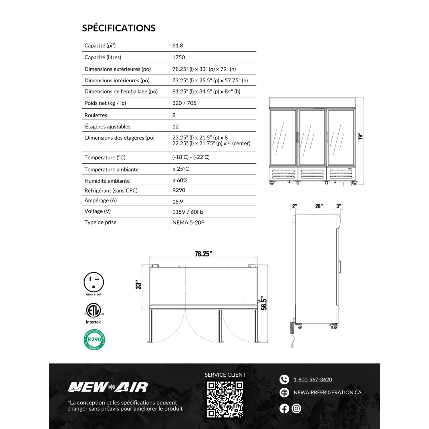 NEW AIR NGF-182-H Commercial 78" Triple Glass Door Freezer Merchandiser - Ideal for Convenience Stores, Front of House, Grocery Stores, Restaurants &