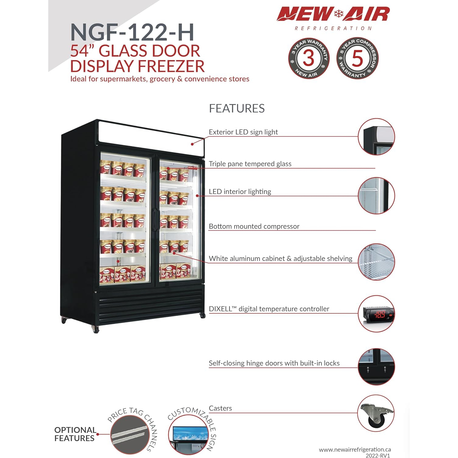 New Air commercial 54 po 43 pi3 avec CONGÉLATEUR DE porte en verre double - Noir