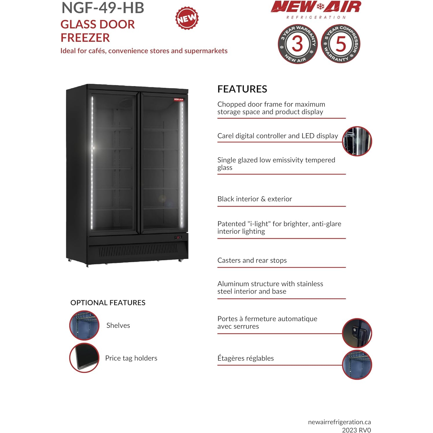 NEW AIR NGF-49-HB Commercial 49" Glass Door Freezer All Black - Ideal for Convenience Stores, Front of House, Grocery Stores, Restaurants & Cafés