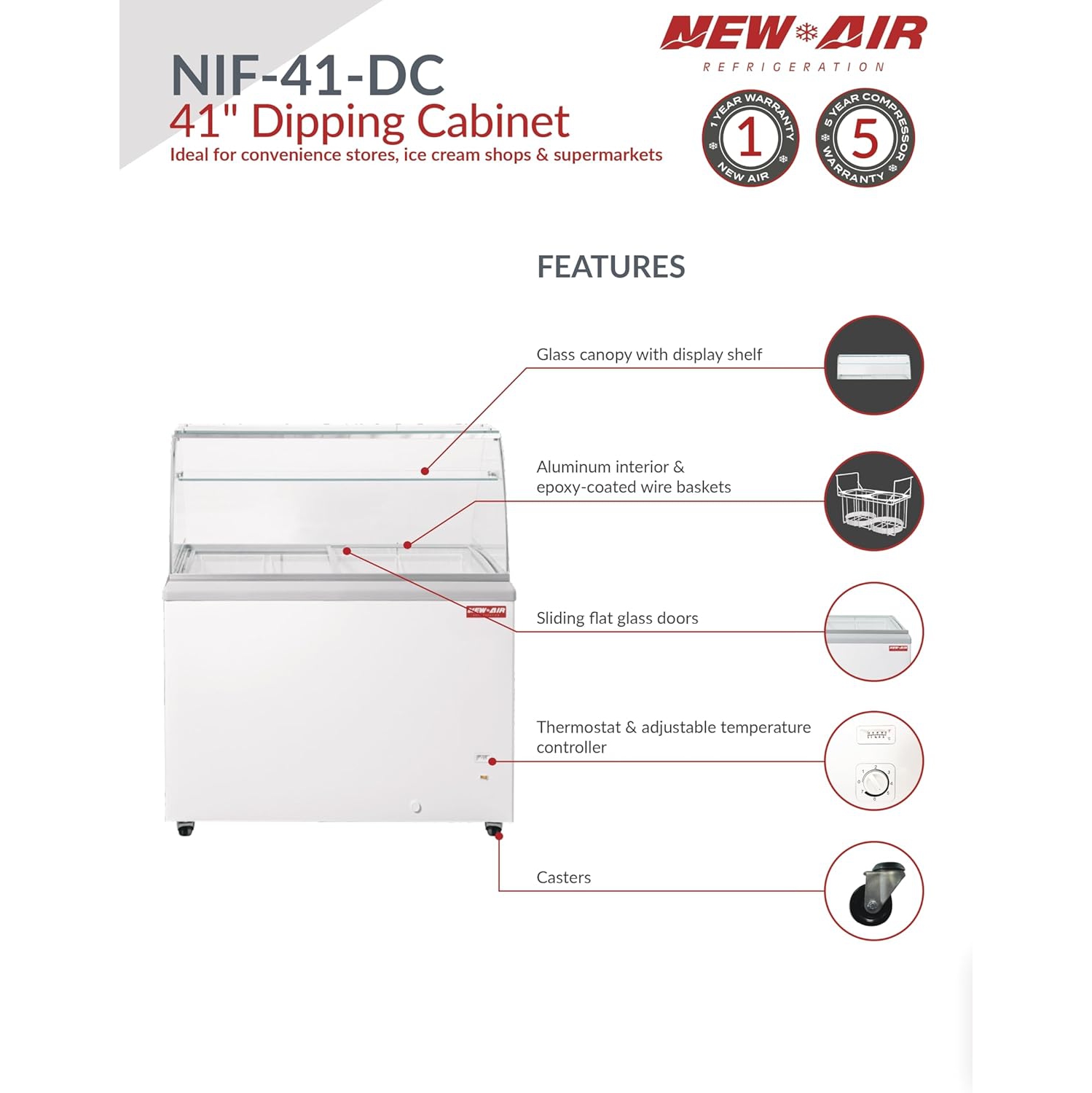 New Air Commercial 41" 9.9 Cu. Ft. Ice Cream Dipping Cabinet - White/Grey