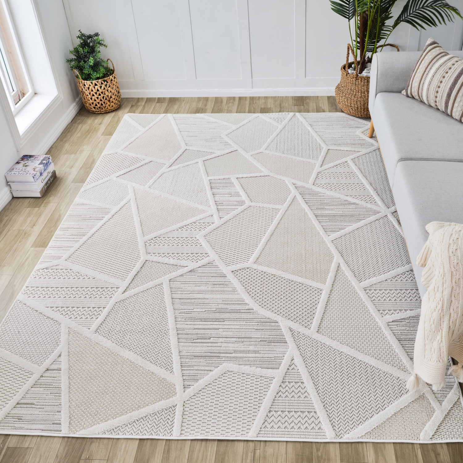 Tapis d'intérieur à motif géométrique comtemporain Novara crème/beige