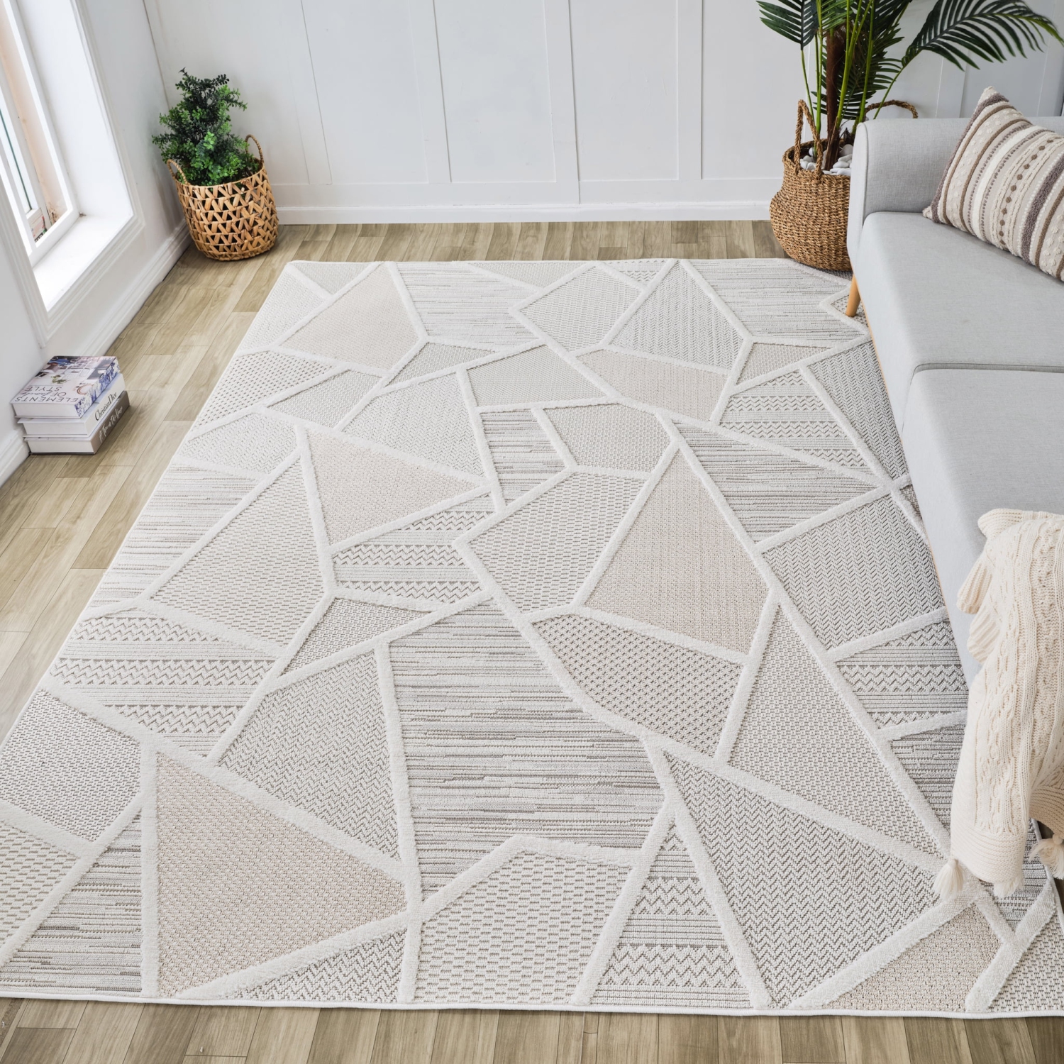 Tapis d'intérieur à motif géométrique comtemporain Novara crème/beige