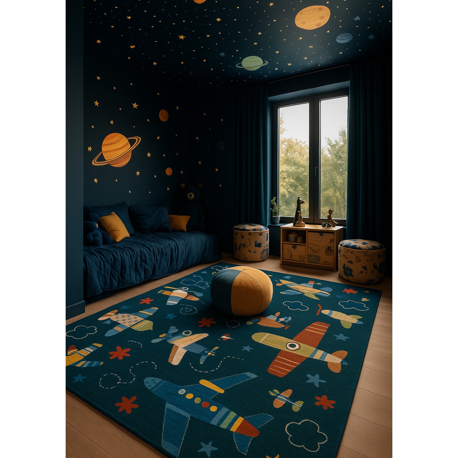 Rug Branch Maverick Contemporary Airplane Navy Blue Kids Area Rug