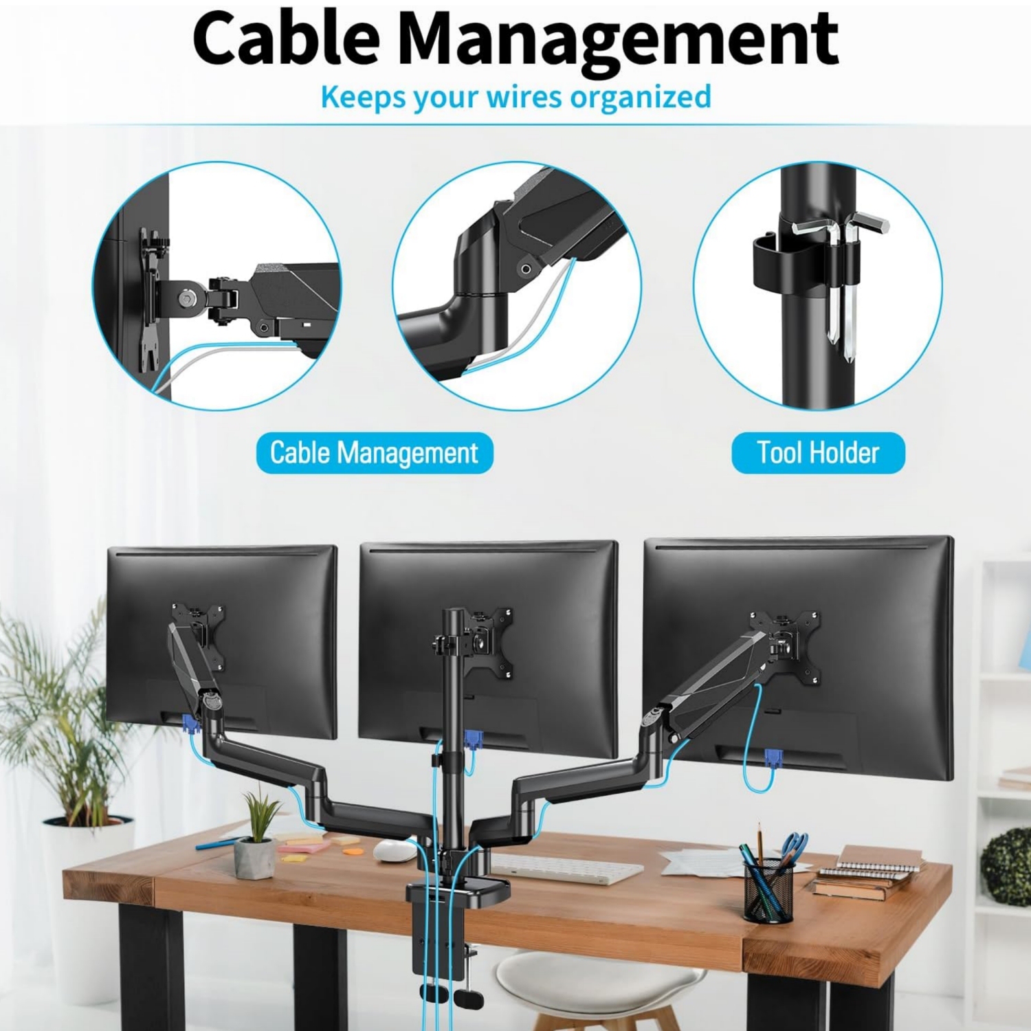 Triple Monitor Mount - Monitor Desk Mount for 3 Computer Screens Up to 27 inch, Triple Monitor Arm with Gas Spring, Heavy Duty Monitor Stand, Each