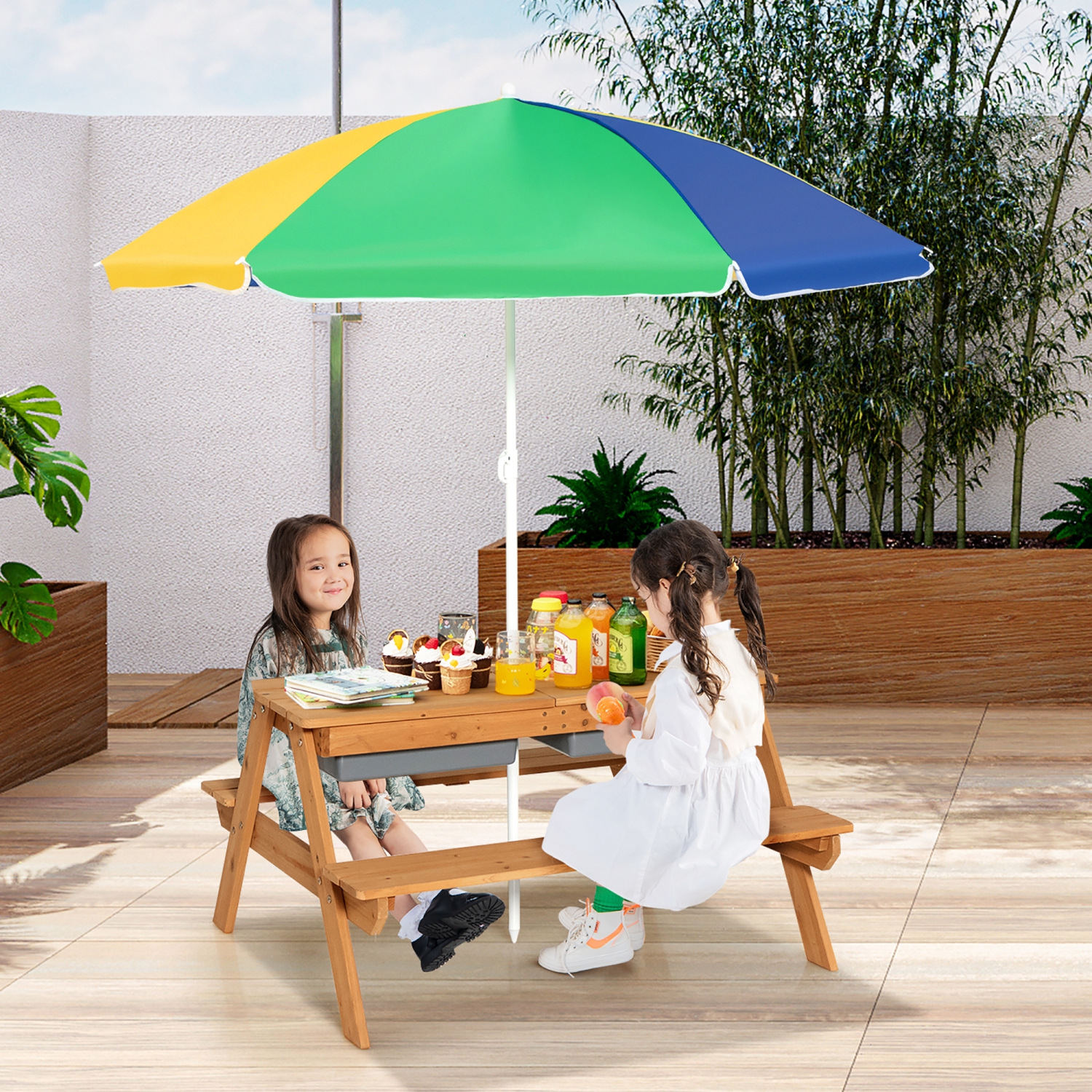 Costway 3-in-1 Kids Picnic Table Wooden Outdoor Sand & Water Table w/Umbrella Play Boxes