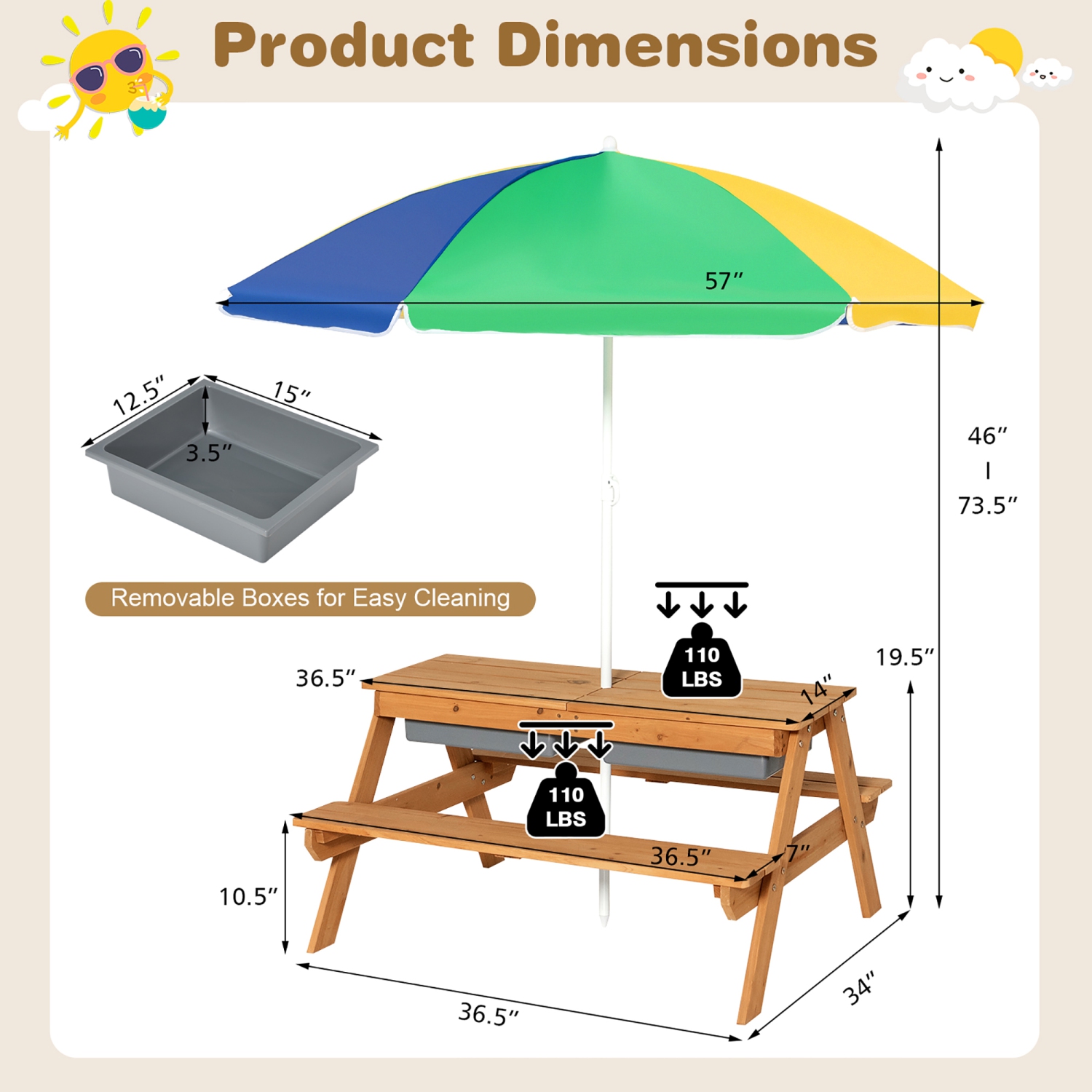 Costway 3-in-1 Kids Picnic Table Wooden Outdoor Sand & Water Table w/Umbrella Play Boxes