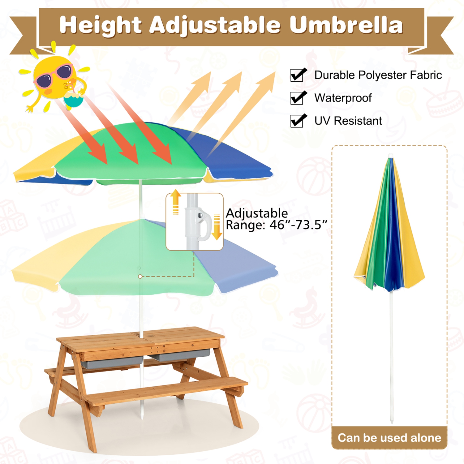 Costway 3-in-1 Kids Picnic Table Wooden Outdoor Sand & Water Table w/Umbrella Play Boxes