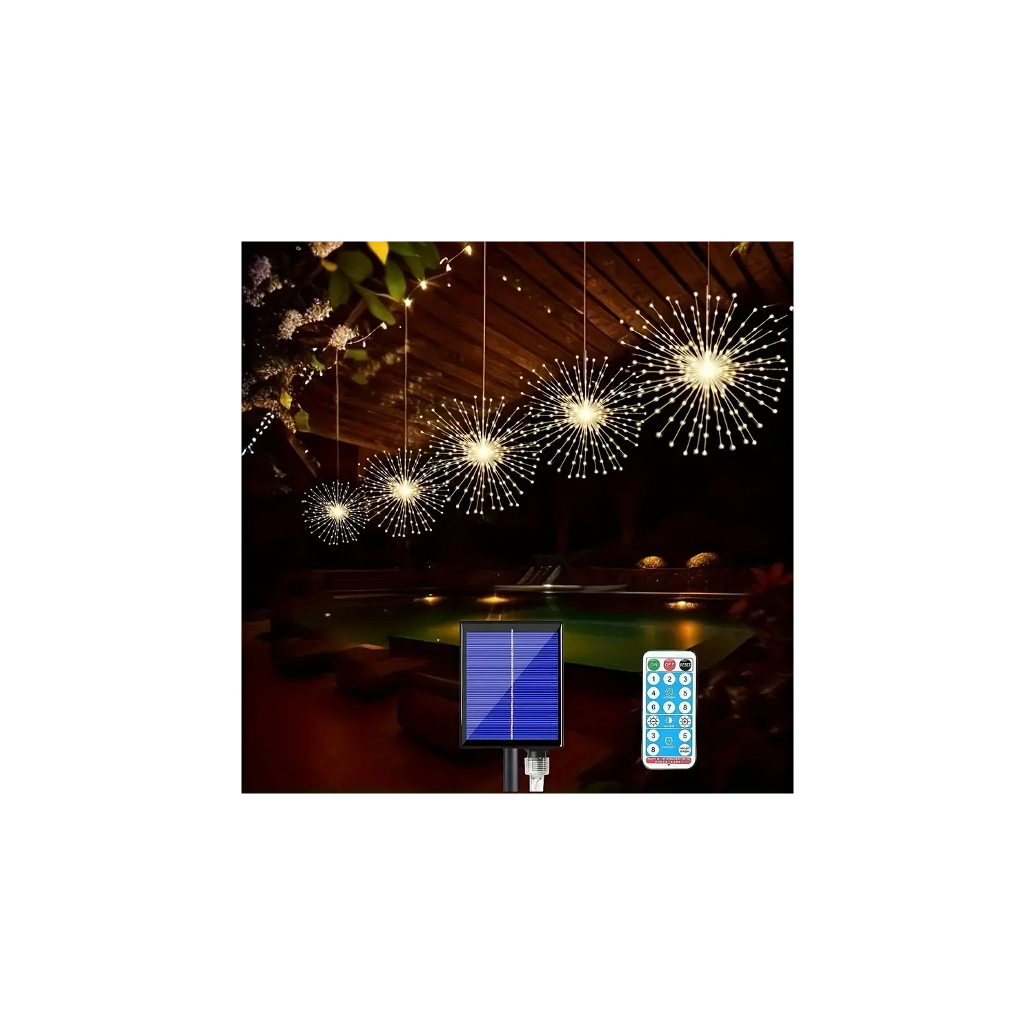 4 feux d'artifice solaires suspendus | 360 LED, 8 modes avec télécommande, extérieur étanche
