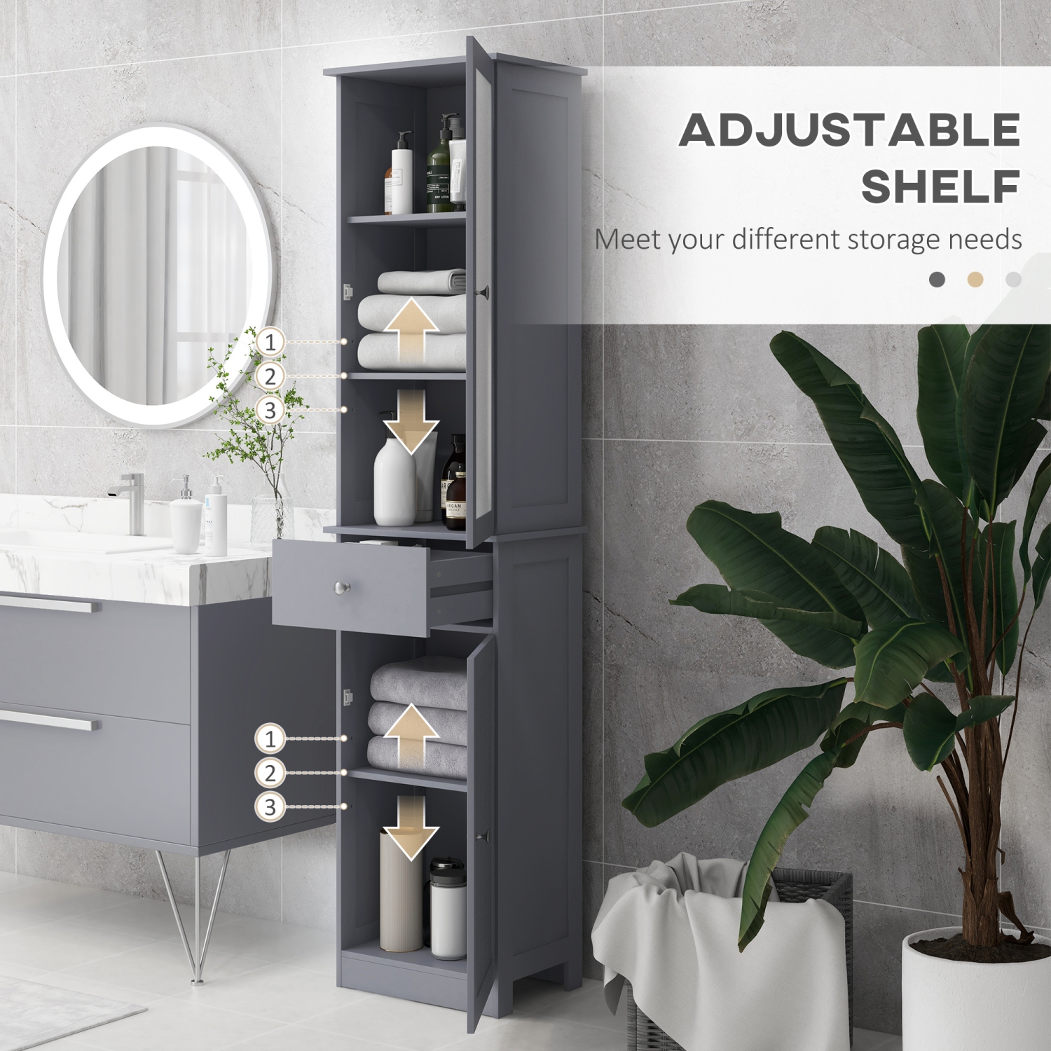 Armoire de rangement kleankin pour salle de bain avec tiroir, grande armoire pour salle de bain tour à linge avec tablettes réglables, gris