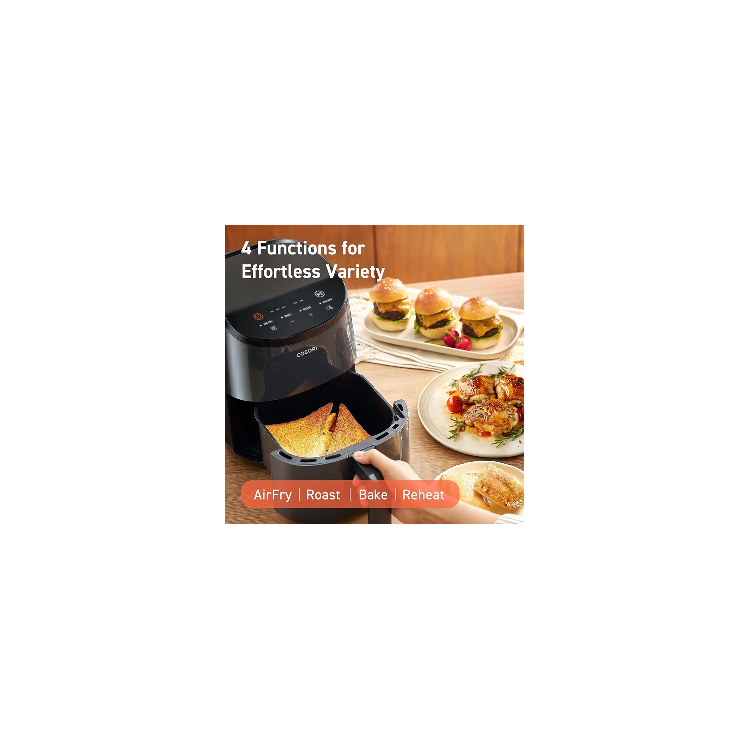 COSORI ‎25.65 x 21.08 x 26.67 cm Small Air Fryer Oven 2.1 Qt 4 in 1 Mini Airfryer Bake Roast Reheat Space saving Low noise Nonstick Dishwasher Safe