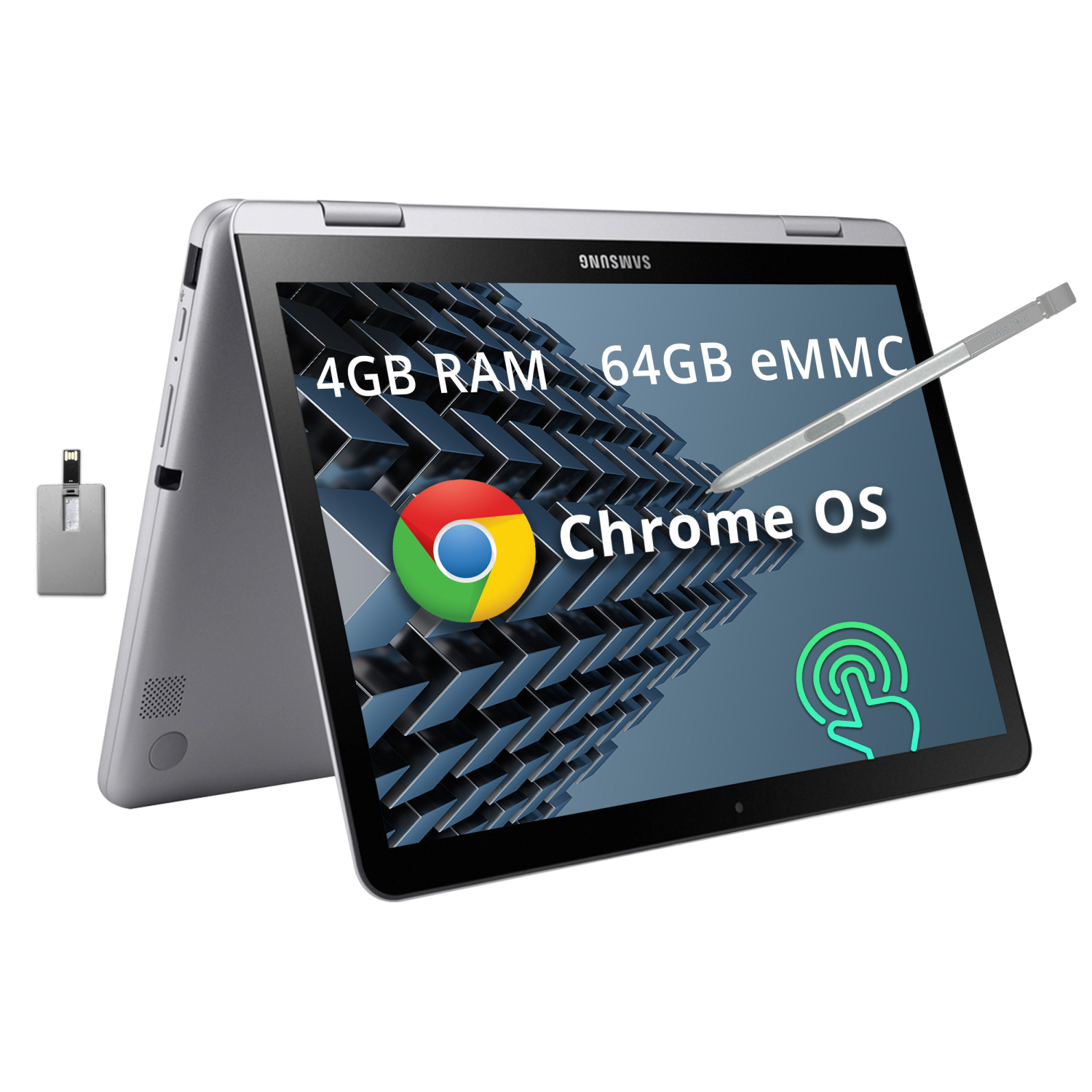 SAMSUNG Chromebook Plus V2 2-in-1 Touchscreen Laptop, 12.2" WUXGA Display, Intel Celeron 3965Y Processor, 64GB eMMC, 4GB RAM, Chrome OS, Light Titan, 128GB Hotface USB Card