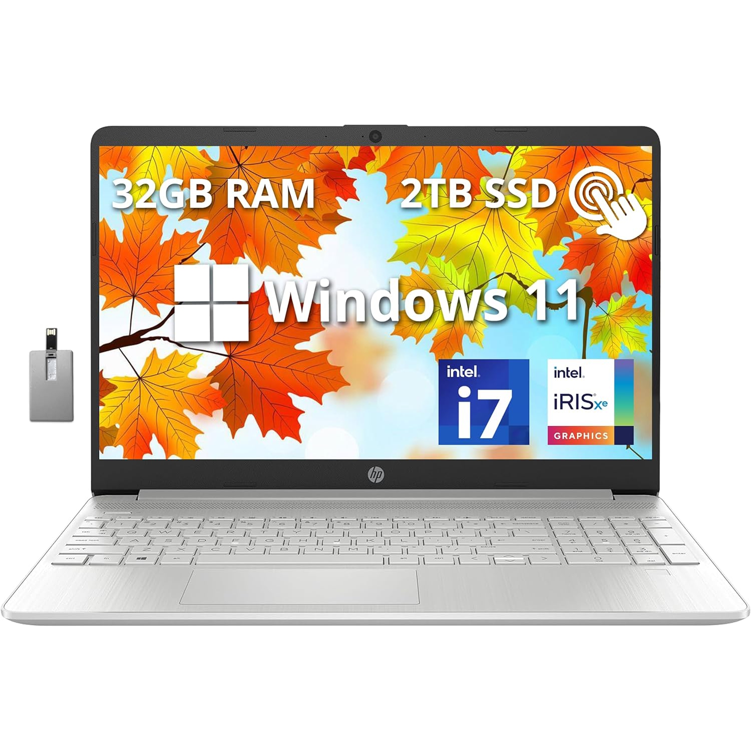 HP 15.6" Full HD Touchscreen Laptop, Intel Core i7-1255U Processor, 2TB SSD, 32GB RAM, Intel Iris Xe Graphics, Numeric Keyboard, Windows 11, Silver, 32GB Hotface USB Card