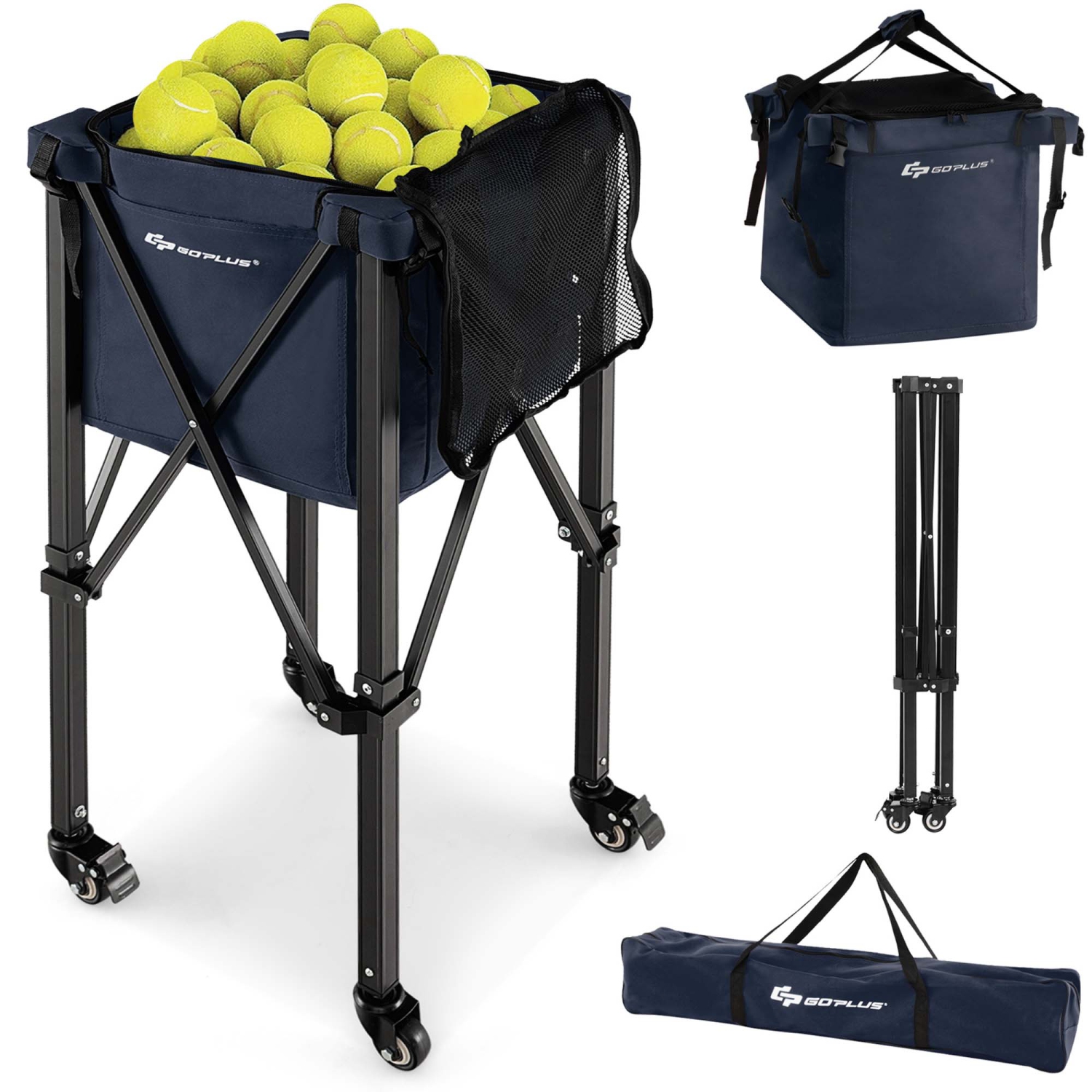 Goplus Foldable Tennis Ball Hopper Basket Portable Travel Teaching Cart with Wheels & Bag