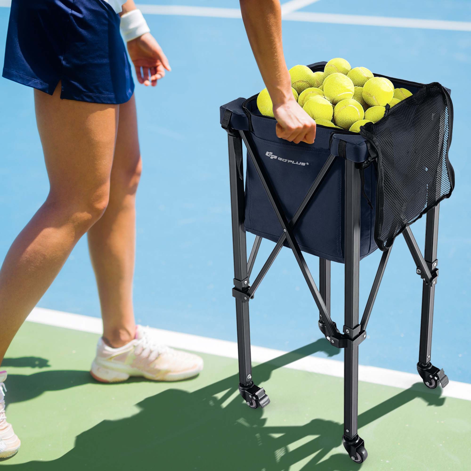 Goplus Foldable Tennis Ball Hopper Basket Portable Travel Teaching Cart with Wheels & Bag