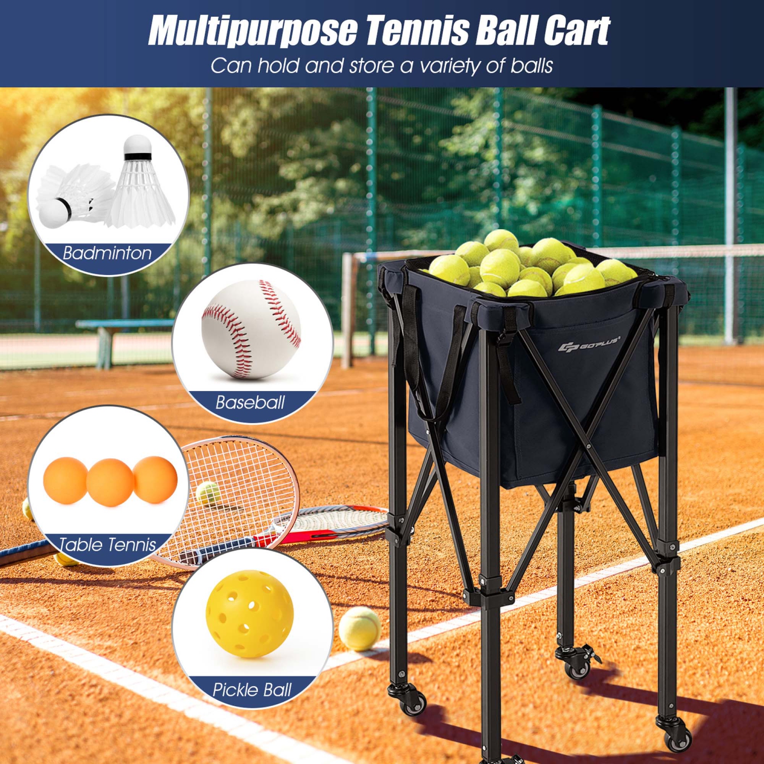 Goplus Foldable Tennis Ball Hopper Basket Portable Travel Teaching Cart with Wheels & Bag