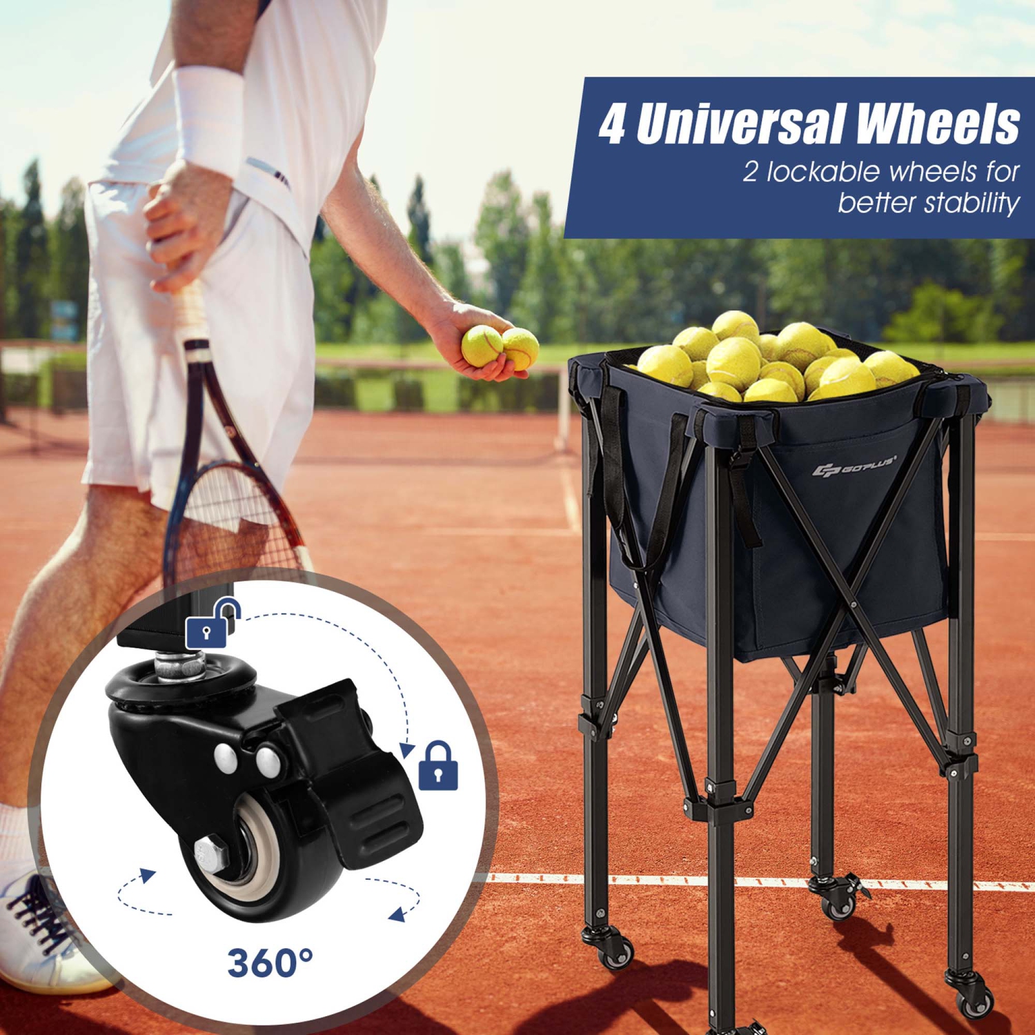 Goplus Foldable Tennis Ball Hopper Basket Portable Travel Teaching Cart with Wheels & Bag