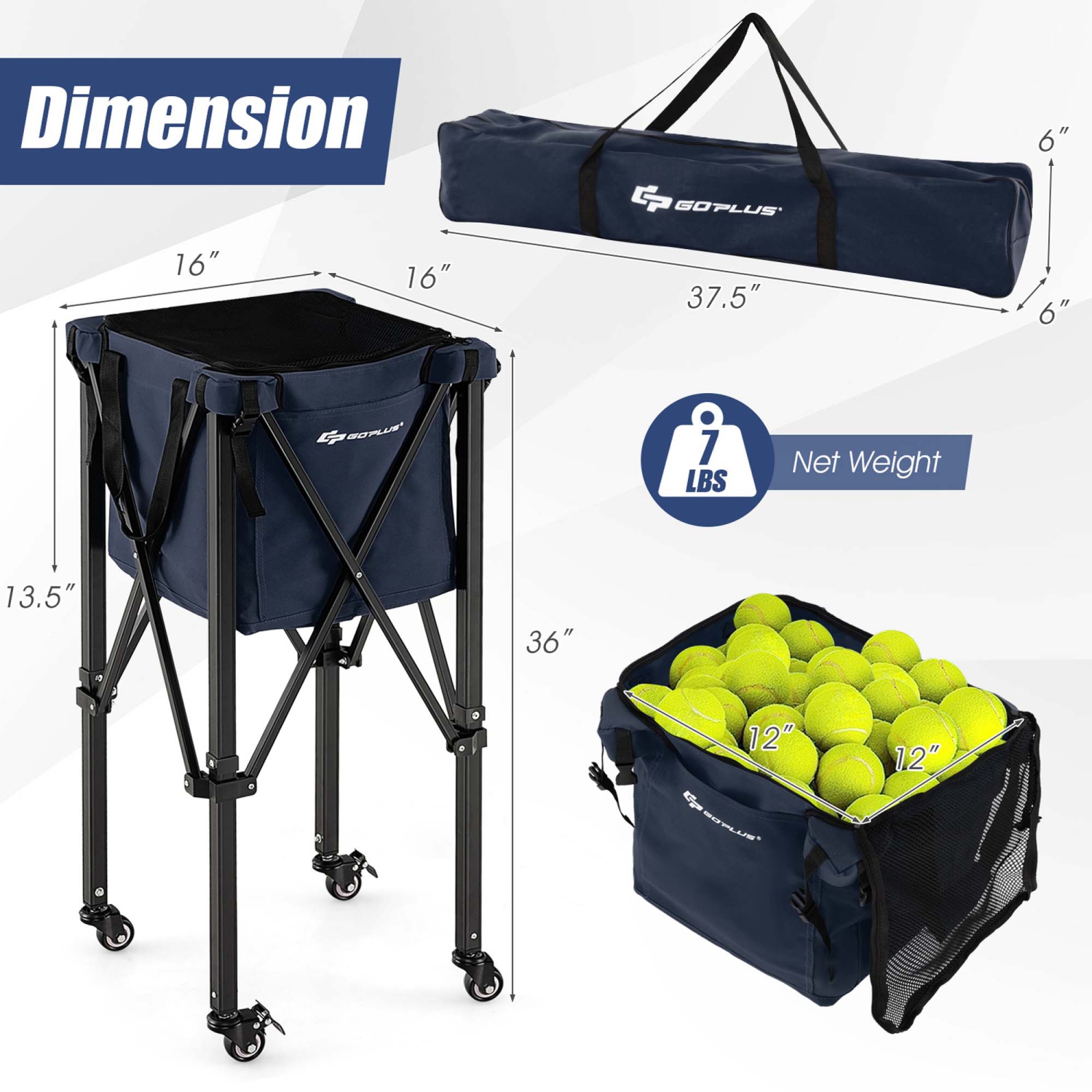 Goplus Foldable Tennis Ball Hopper Basket Portable Travel Teaching Cart with Wheels & Bag