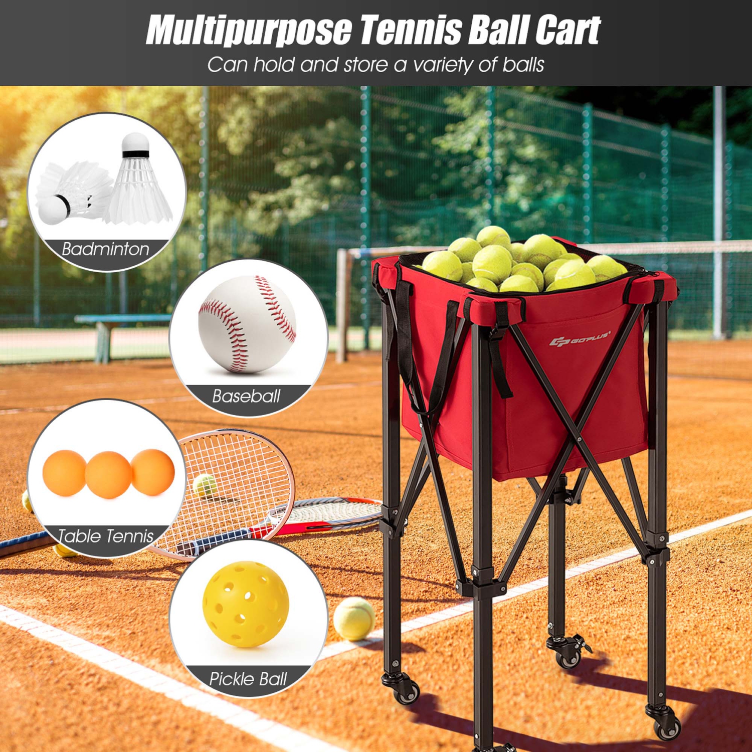 Goplus Foldable Tennis Ball Hopper Basket Portable Travel Teaching Cart with Wheels & Bag
