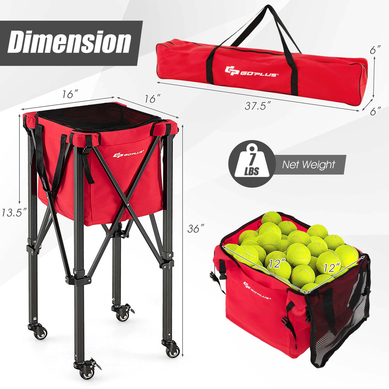 Goplus Foldable Tennis Ball Hopper Basket Portable Travel Teaching Cart with Wheels & Bag