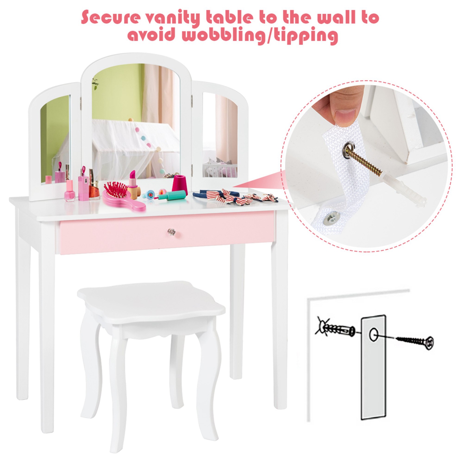 Costway Kids Vanity Set Princess Makeup Dressing Play Table Set W/Mirror