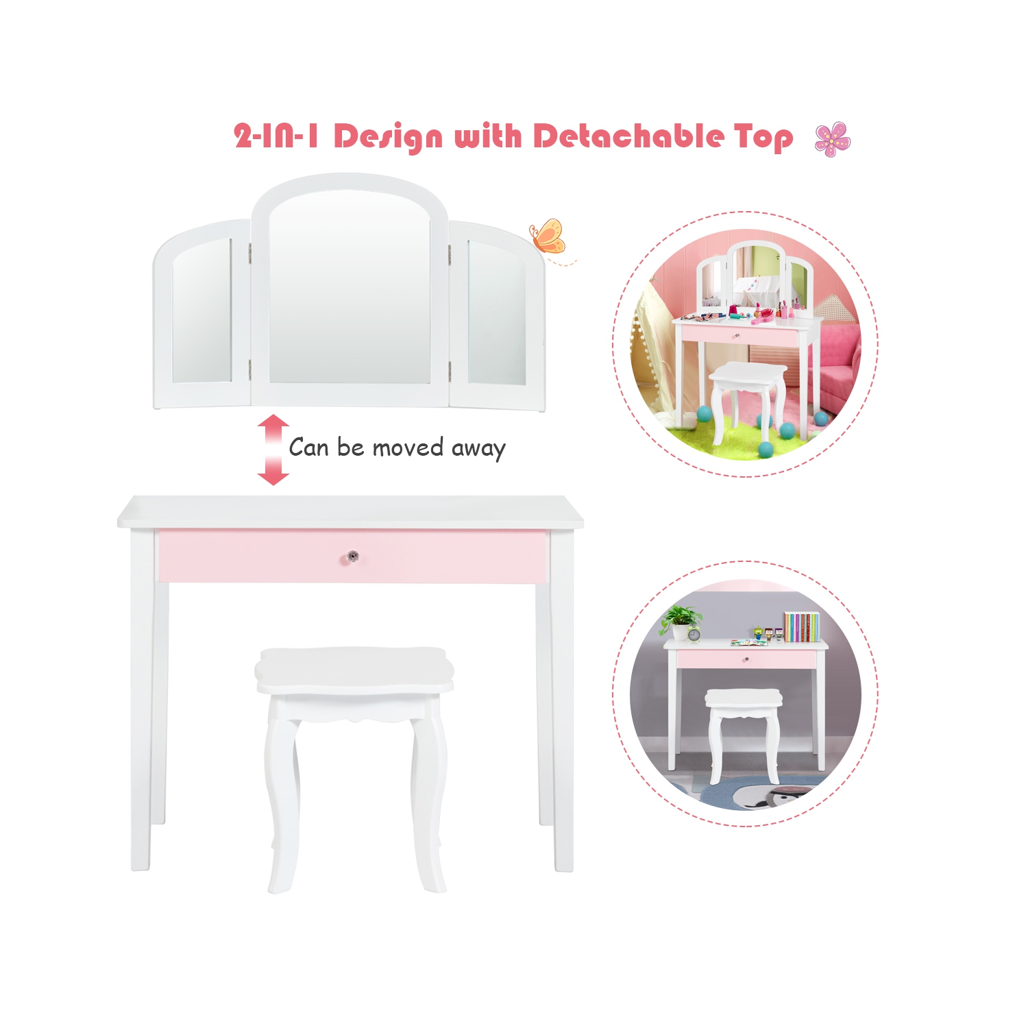 Costway Kids Vanity Set Princess Makeup Dressing Play Table Set W/Mirror