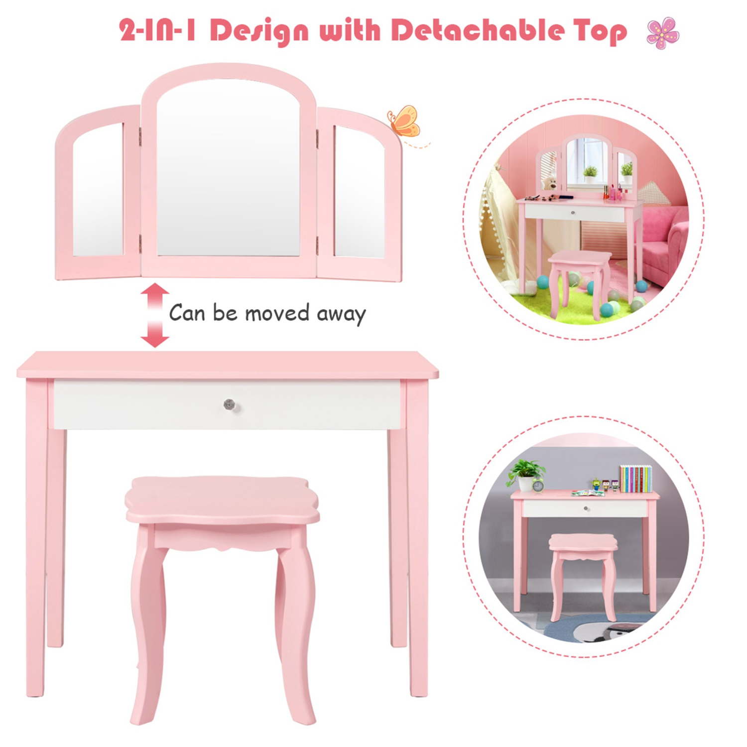 Costway Kids Vanity Set Princess Makeup Dressing Play Table Set W/Mirror