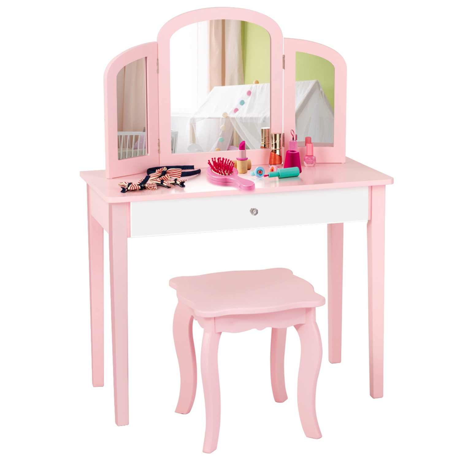Costway Kids Vanity Set Princess Makeup Dressing Play Table Set W/Mirror