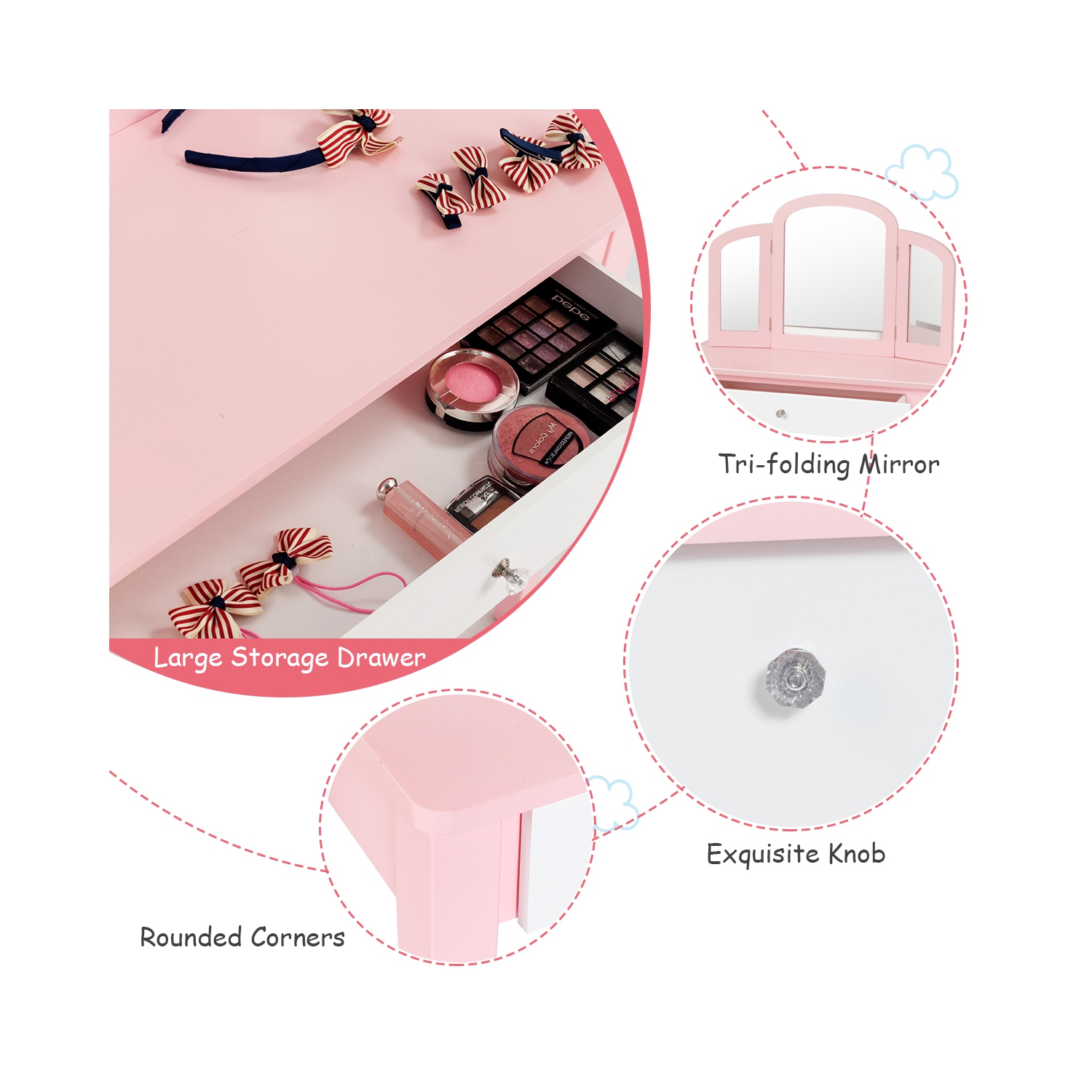 Costway Kids Vanity Set Princess Makeup Dressing Play Table Set W/Mirror