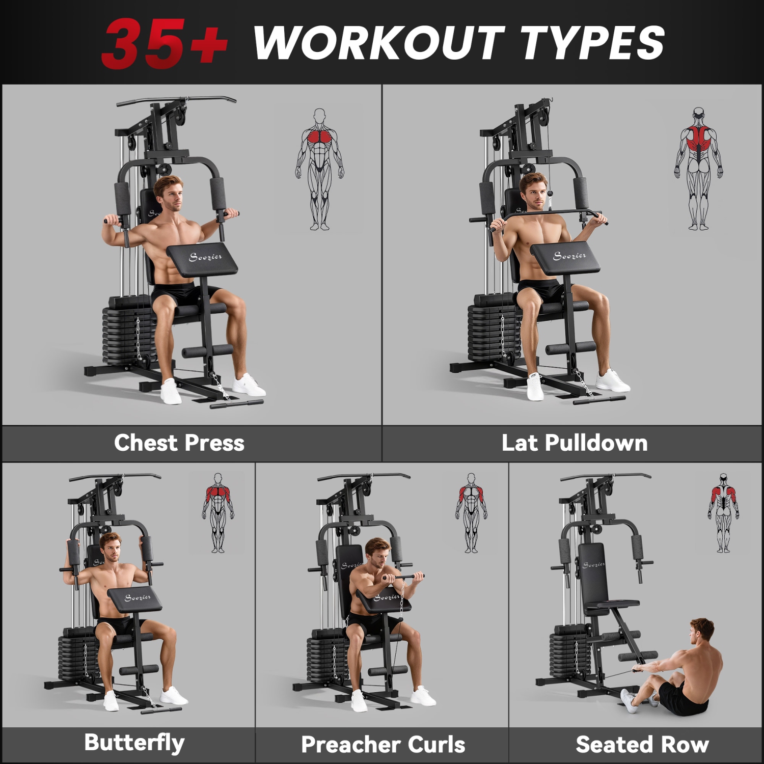 Soozier Home Gym Machine, Multifunctional Smith Equipment with 99lbs Weight Stack and Lat Pulldown Bar, Workout Equipment Station for Back, Chest,