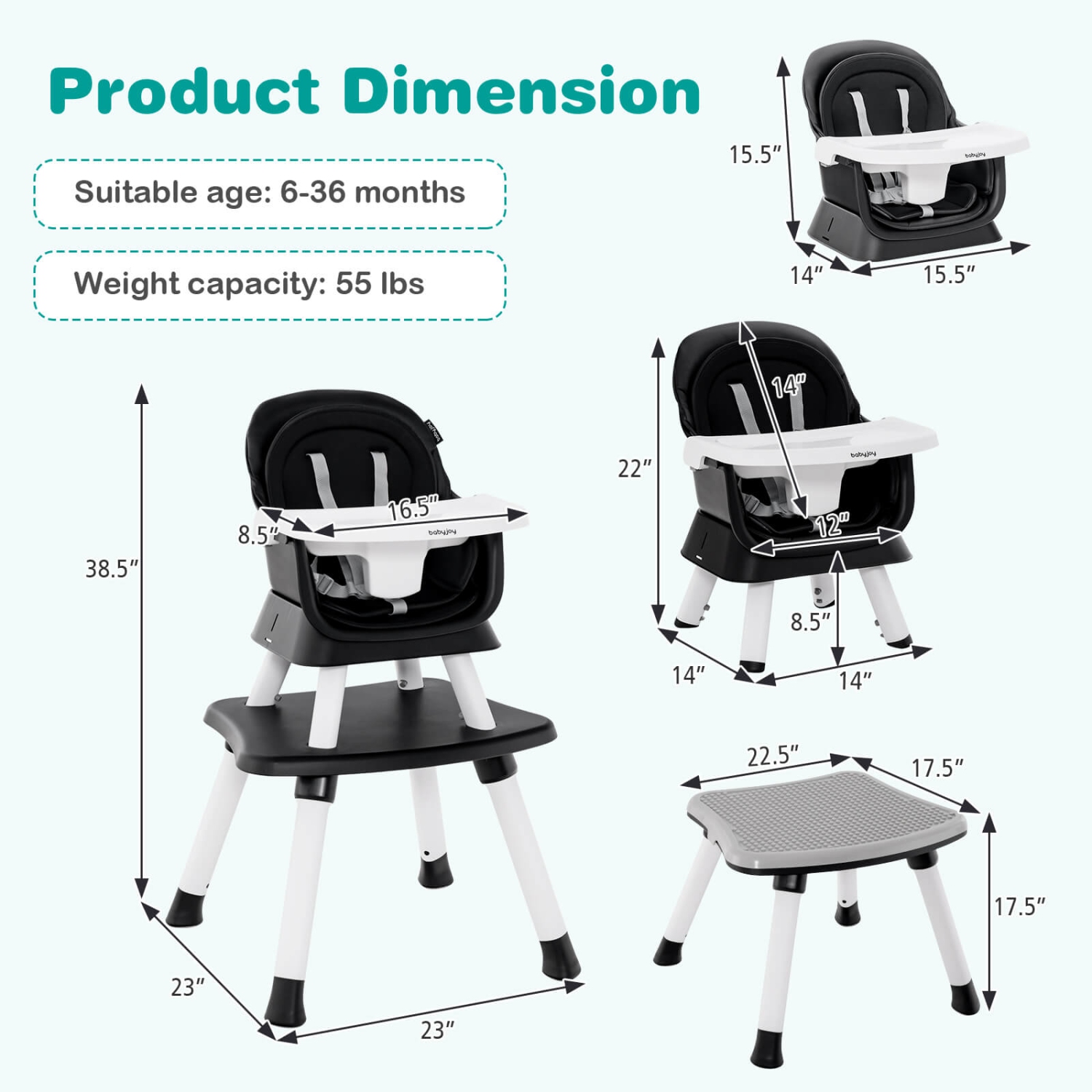 Costway 6-in-1 Baby High Chair Convertible Dining Booster Seat with Removable Tray