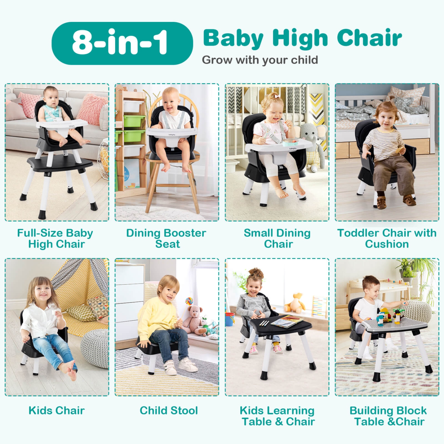 Costway 6-in-1 Baby High Chair Convertible Dining Booster Seat with Removable Tray