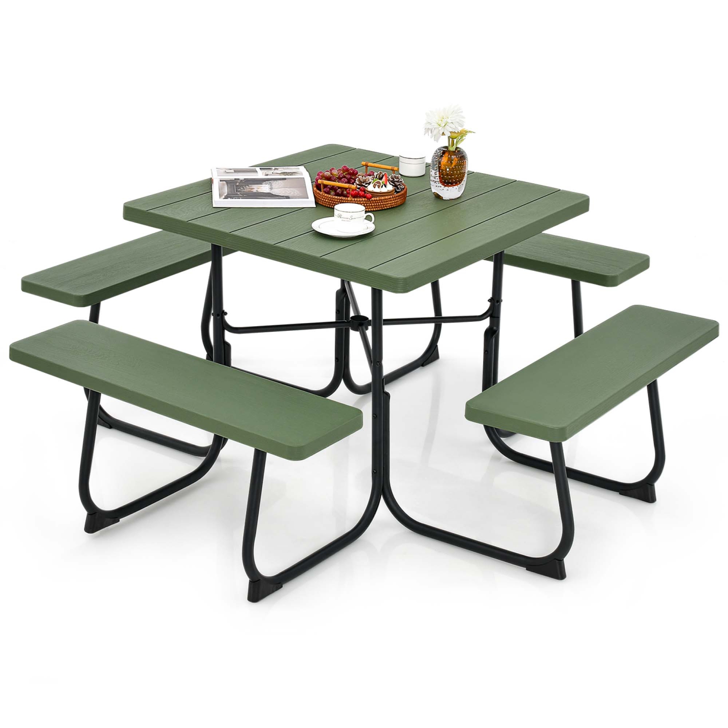 Costway Outdoor 8-person Square Picnic Table Bench Set with 4 Benches & Umbrella Hole
