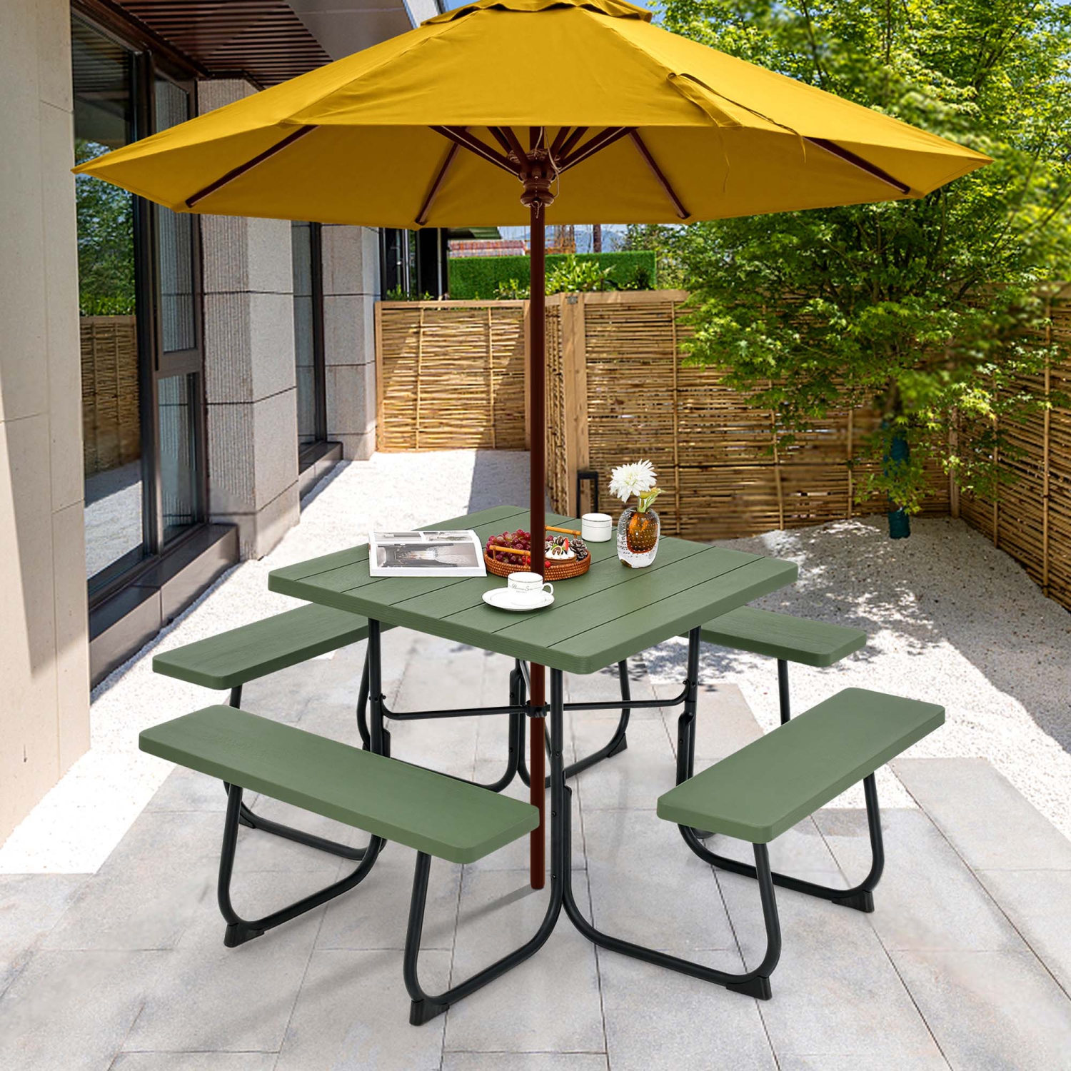 Costway Outdoor 8-person Square Picnic Table Bench Set with 4 Benches & Umbrella Hole