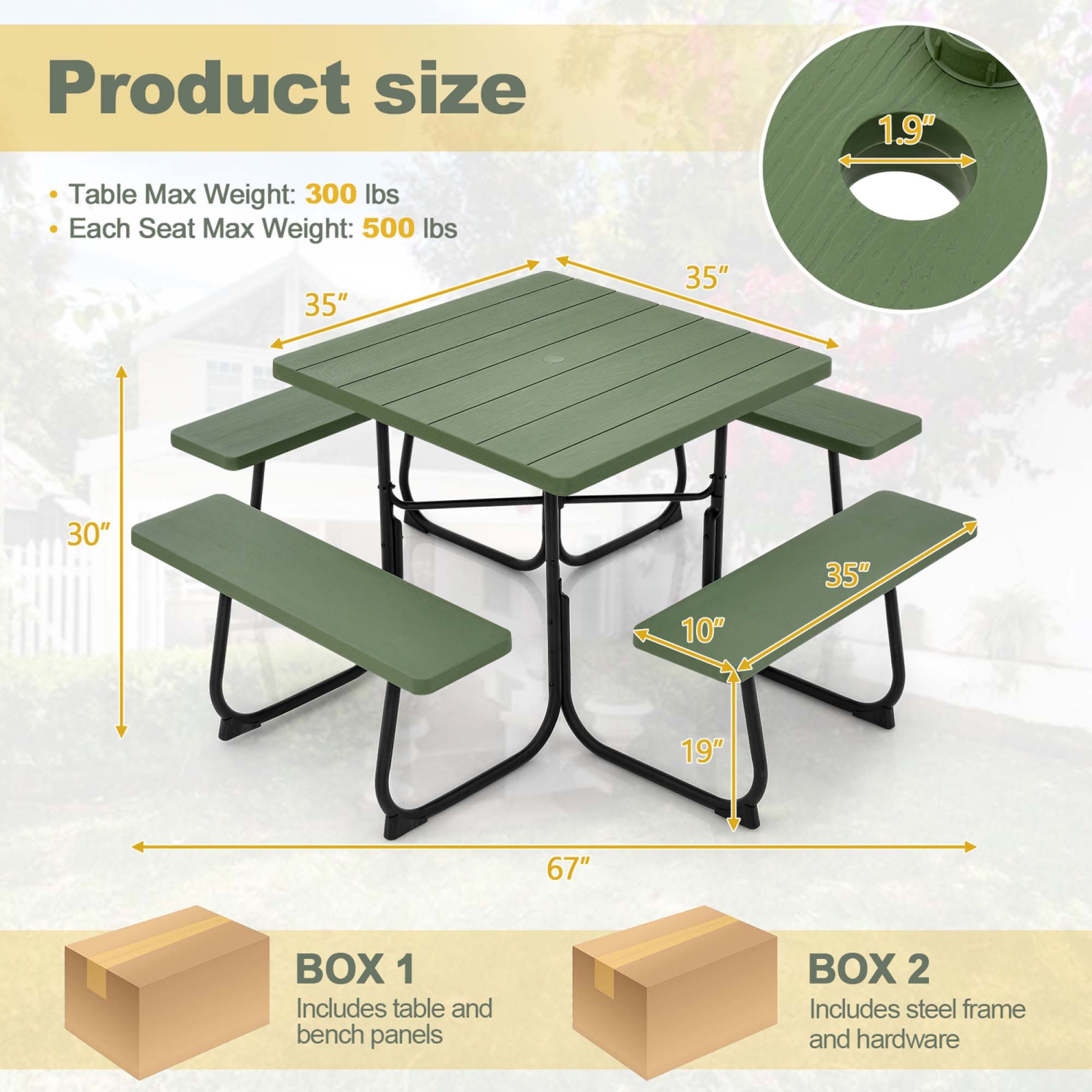 Costway Outdoor 8-person Square Picnic Table Bench Set with 4 Benches & Umbrella Hole