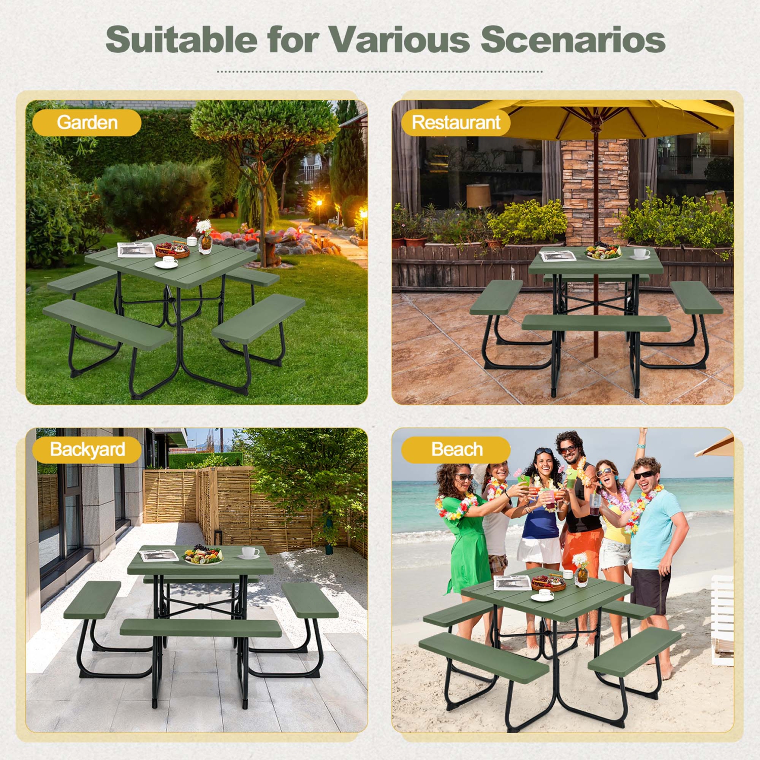 Costway Outdoor 8-person Square Picnic Table Bench Set with 4 Benches & Umbrella Hole