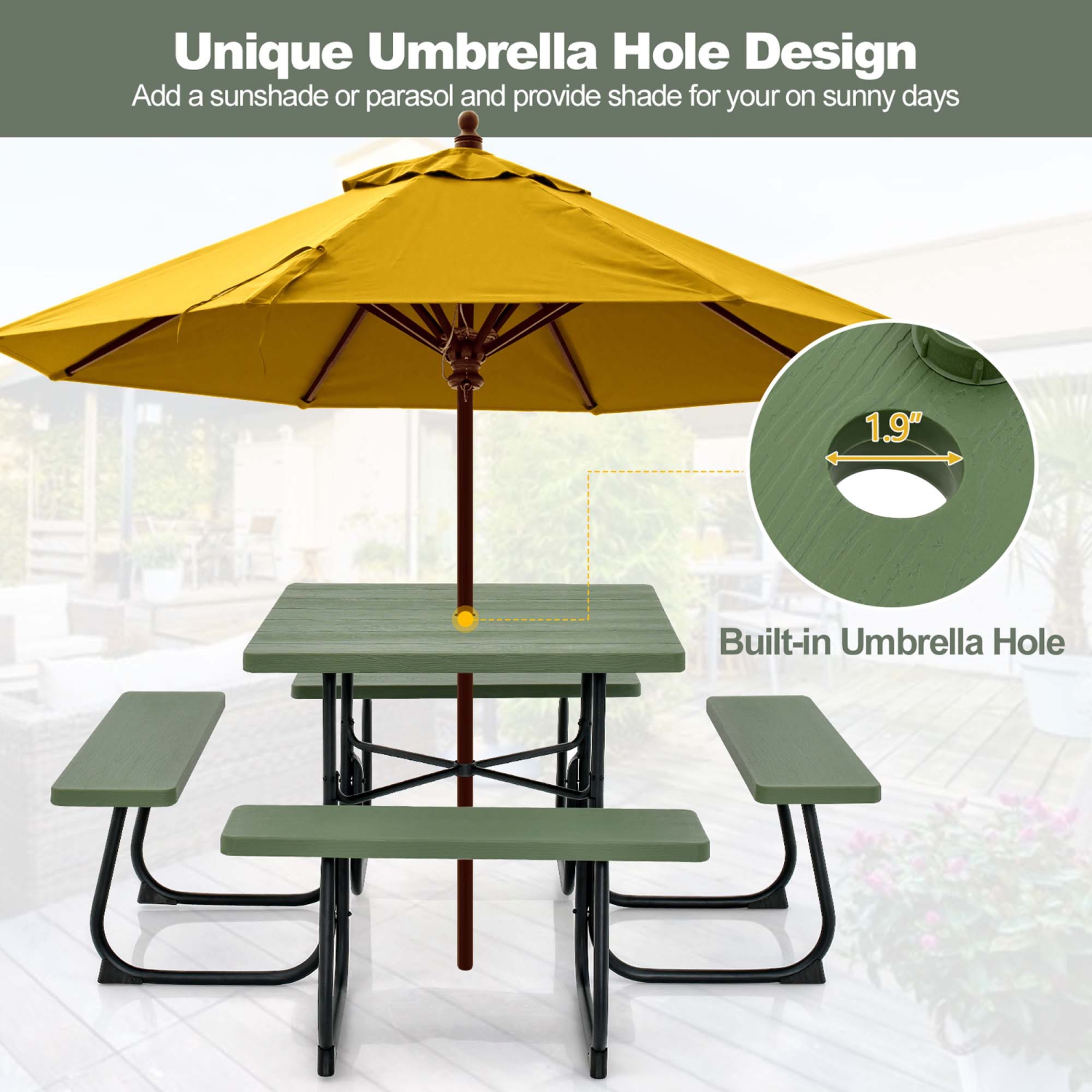 Costway Outdoor 8-person Square Picnic Table Bench Set with 4 Benches & Umbrella Hole