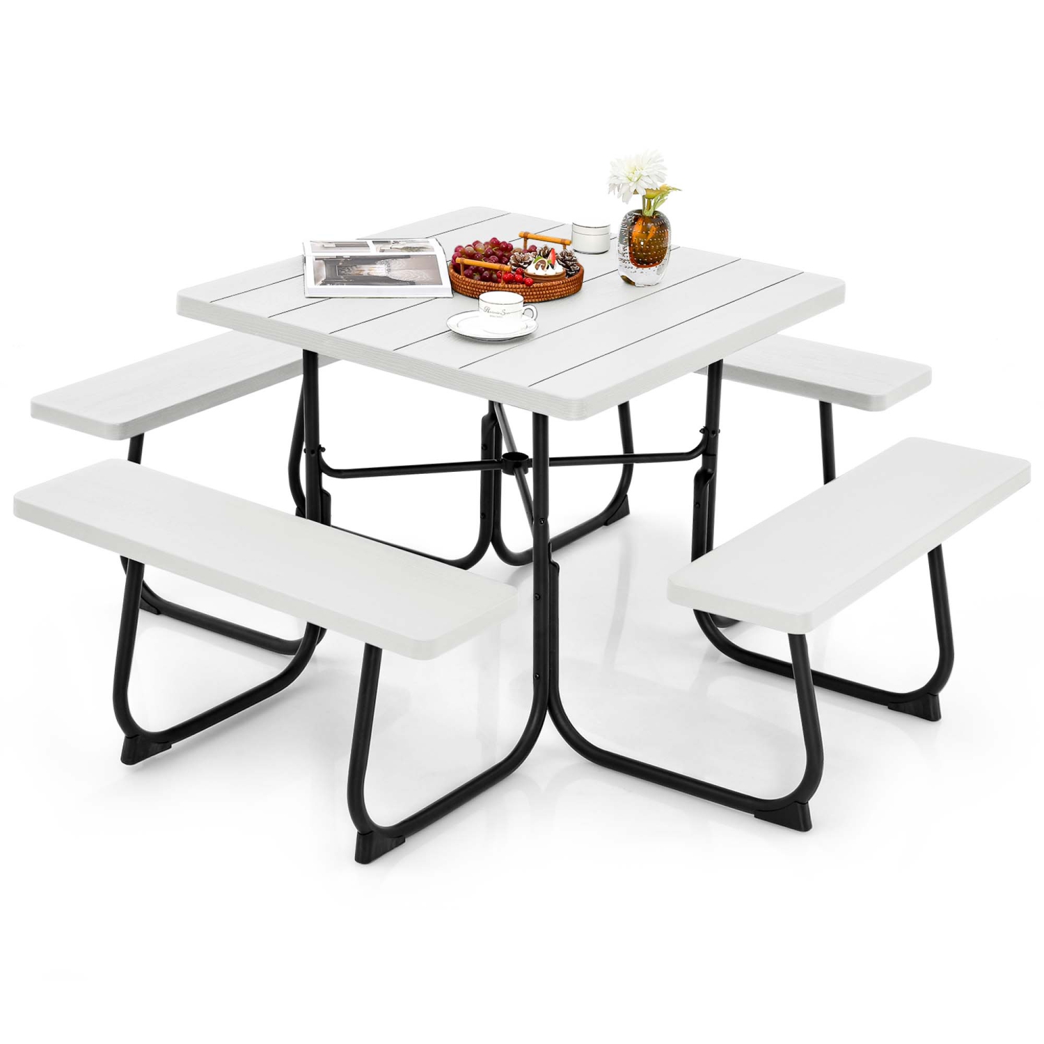 Costway Outdoor 8-person Square Picnic Table Bench Set with 4 Benches & Umbrella Hole