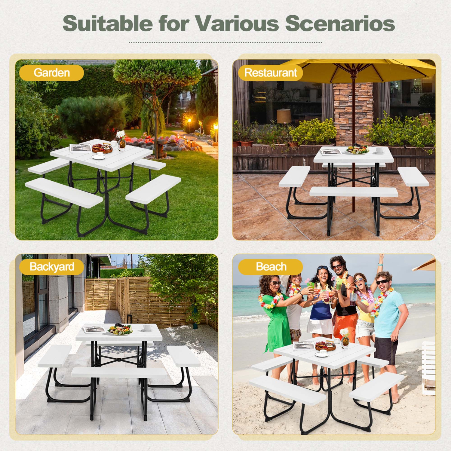Costway Outdoor 8-person Square Picnic Table Bench Set with 4 Benches & Umbrella Hole