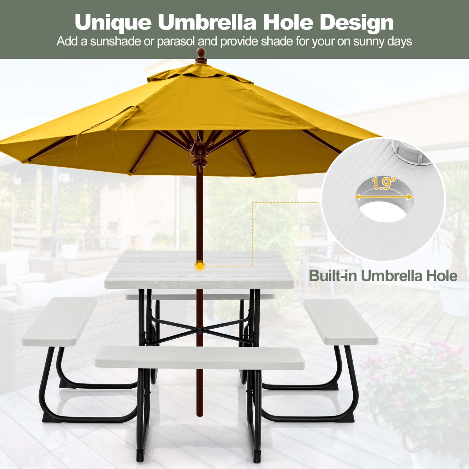 Costway Outdoor 8-person Square Picnic Table Bench Set with 4 Benches & Umbrella Hole