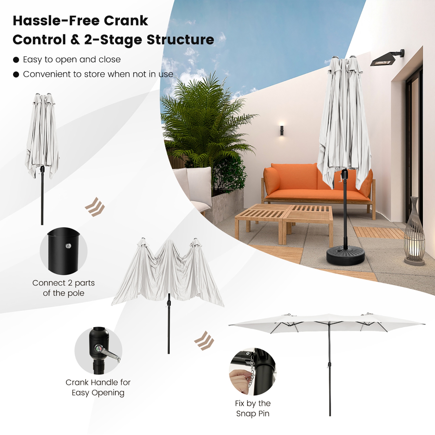 Costway 15FT Double-Sided Patio Market Umbrella Large Crank Handle Vented Outdoor Twin