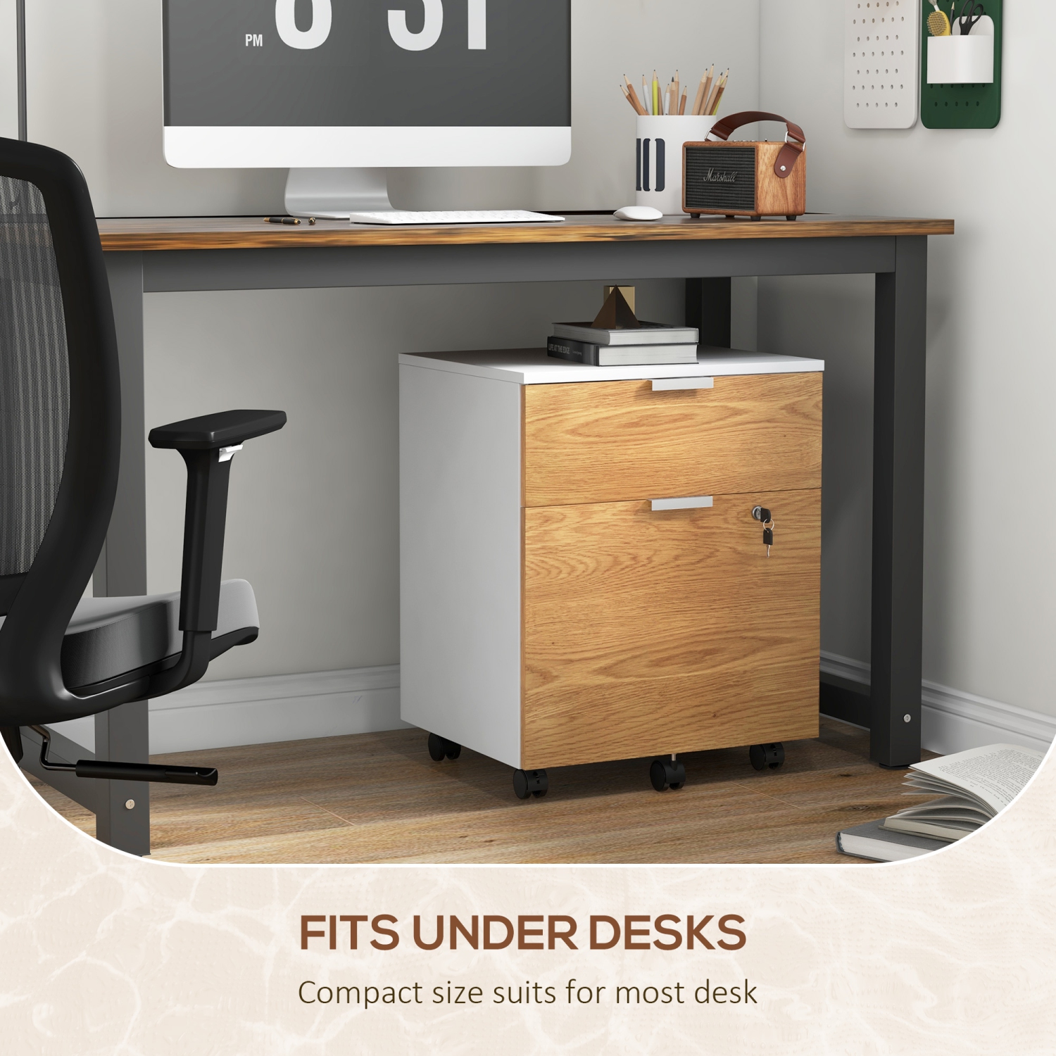 HOMCOM Vertical Filing Cabinet, Lockable 2 Drawer File Cabinet on Wheels with Adjustable Hanging Bars for A4, Legal and Letter for Home Office, White