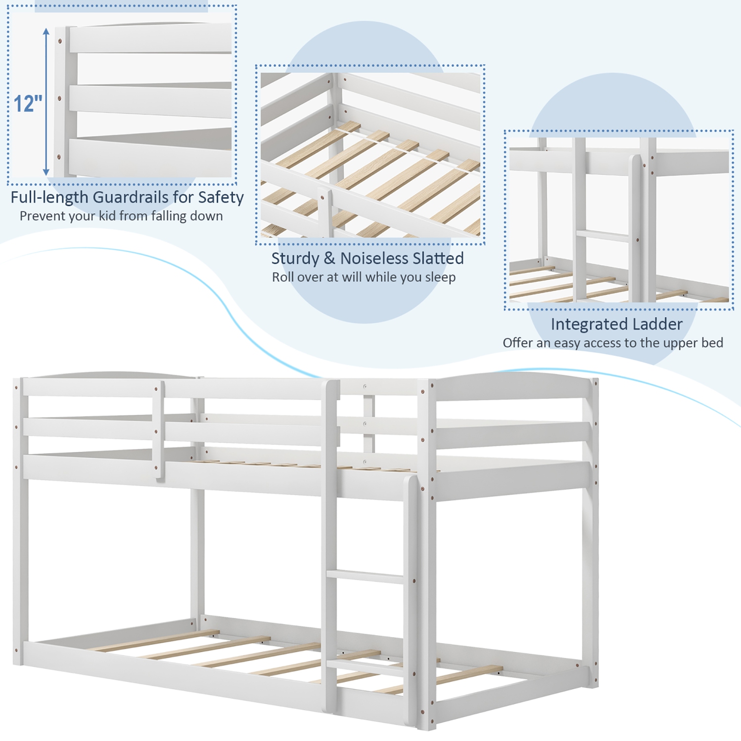Costway Twin over Twin Low Bunk Bed with Guardrails Integrated Ladder Kids Wooden