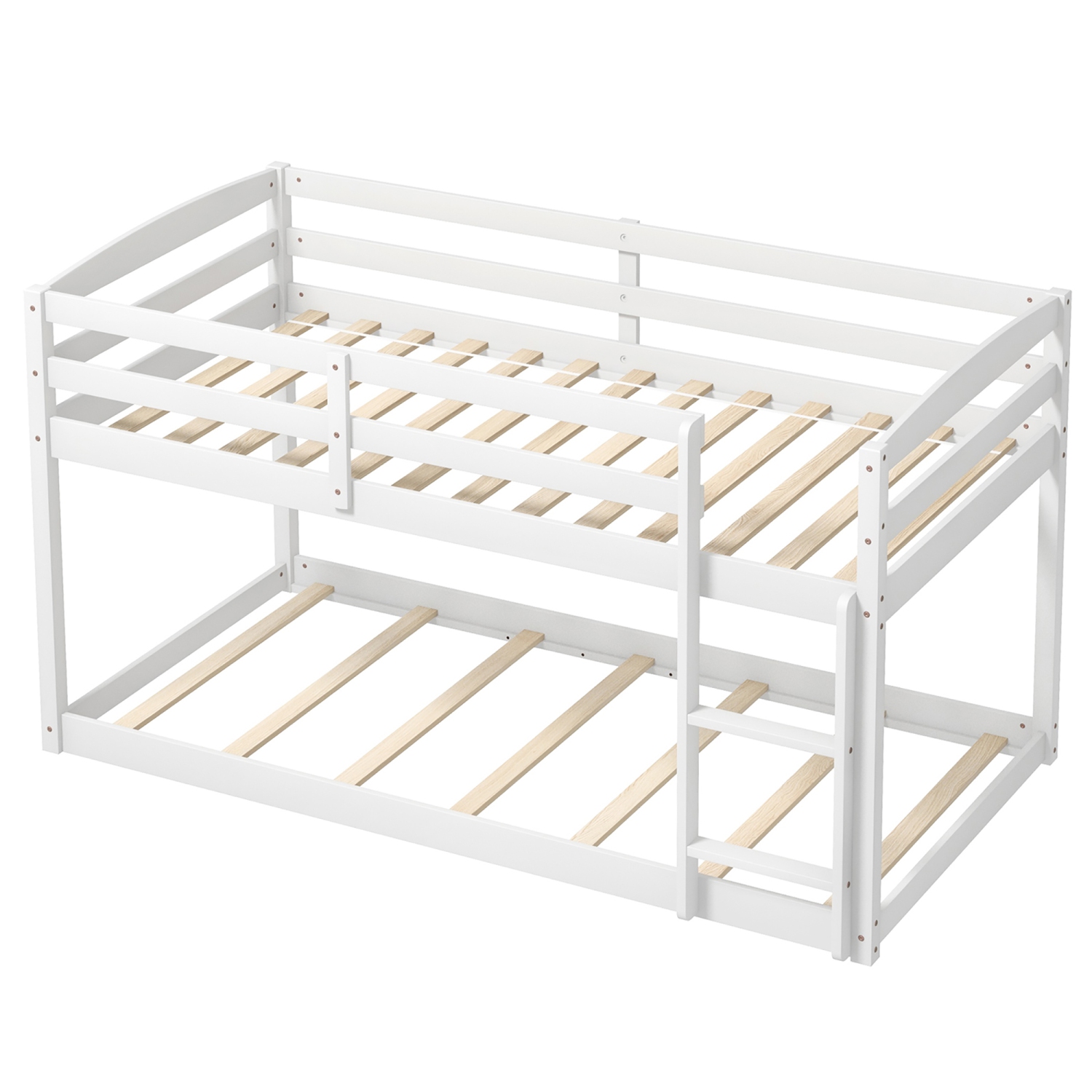 Costway Twin over Twin Low Bunk Bed with Guardrails Integrated Ladder Kids Wooden