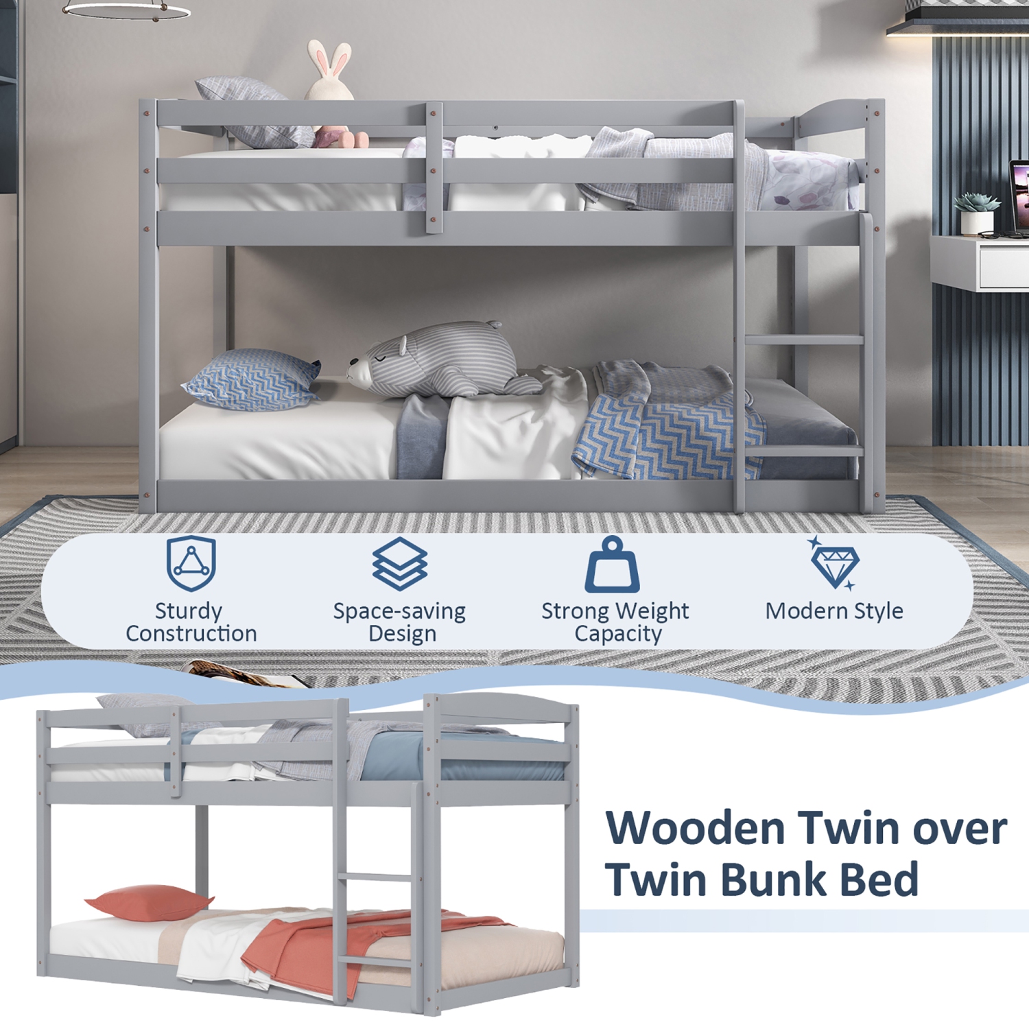 Costway Twin over Twin Low Bunk Bed with Guardrails Integrated Ladder Kids Wooden