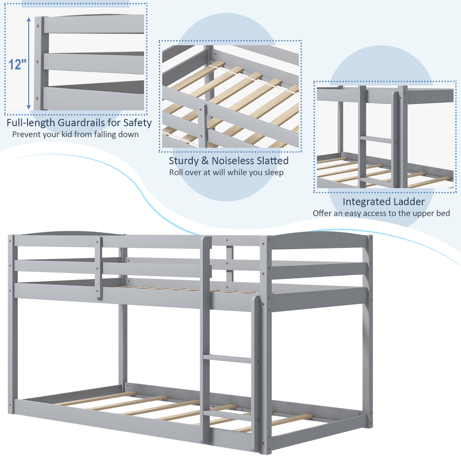 Costway Twin over Twin Low Bunk Bed with Guardrails Integrated Ladder Kids Wooden