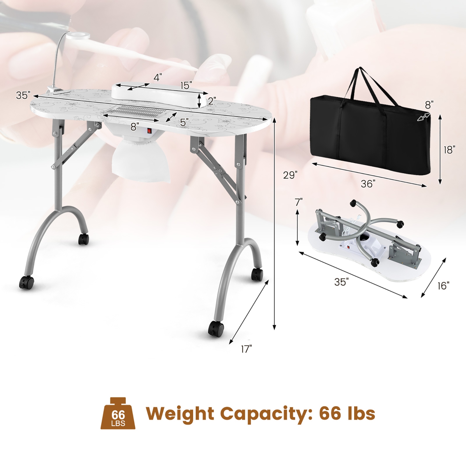 Bureau à ongles portatif avec ramasse-poussière pour lampe DEL de Costway